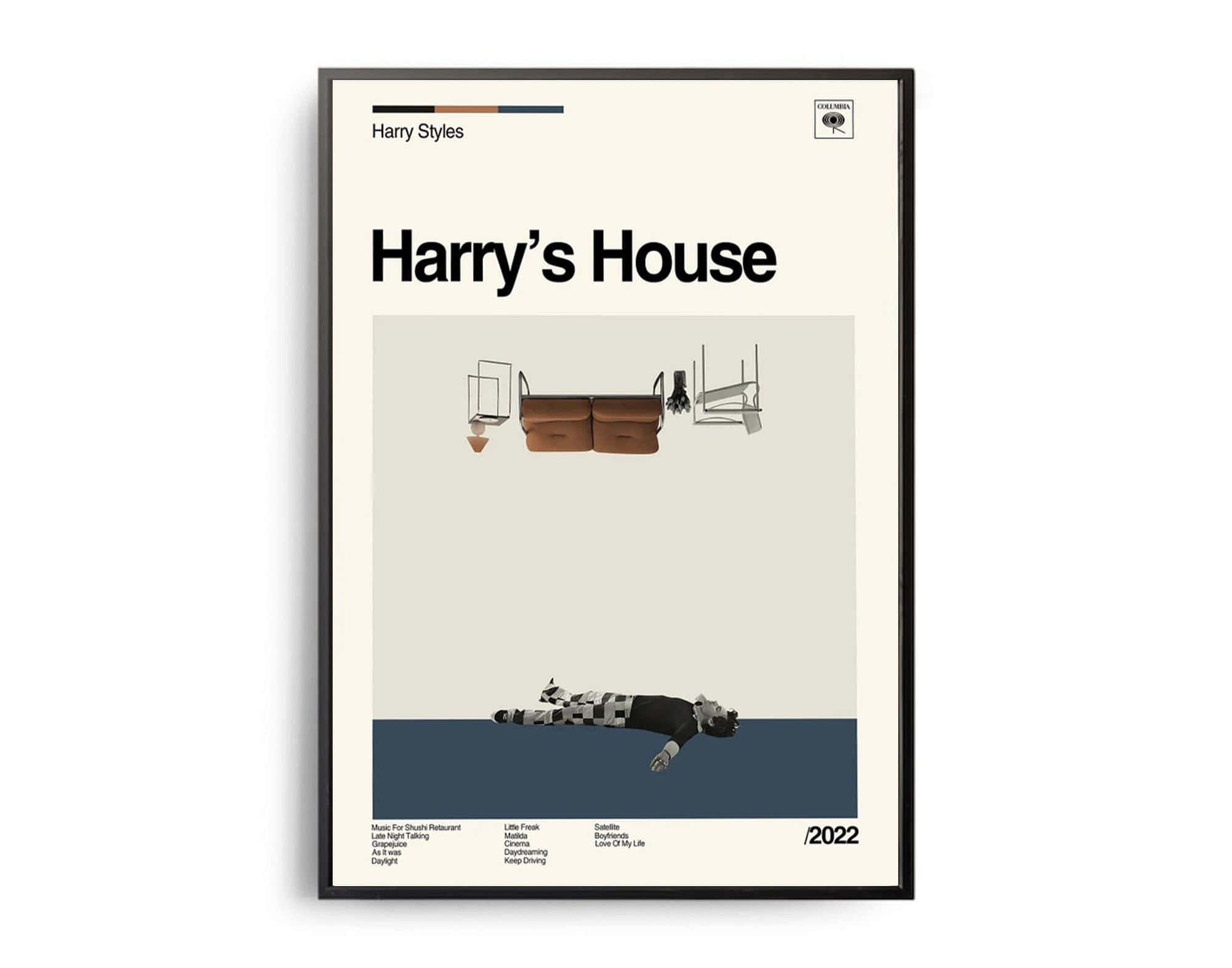 哈利·史泰爾斯 桌布 壁紙 — Harry Styles 專輯《Harry's House》的極簡海報，特色是浮動沙發和穿著格紋褲的躺臥人物。