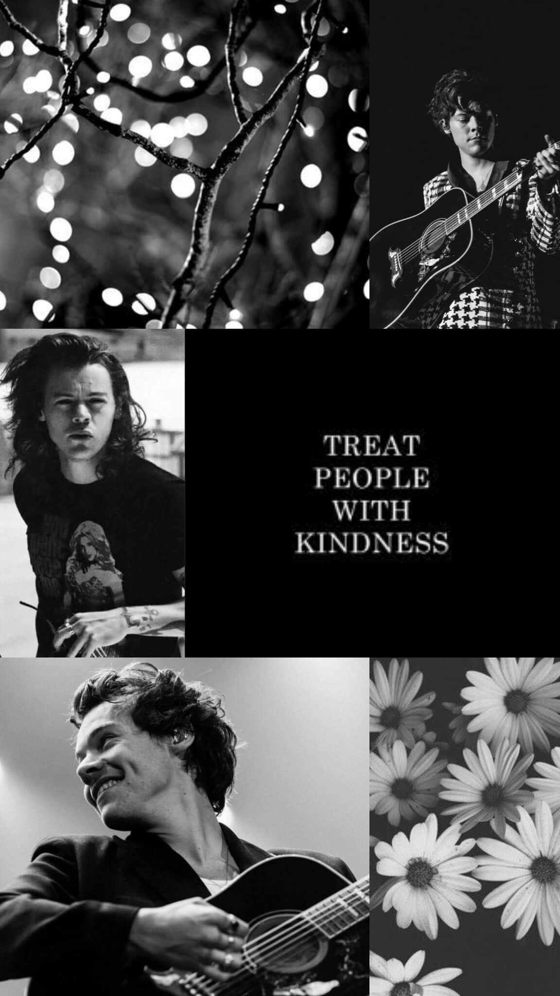 Harry Styles Collage 桌布 壁紙 — Harry Styles 彈吉他的黑白拼貼畫，光禿禿的樹枝配上散景燈光，雛菊配上善良語錄。