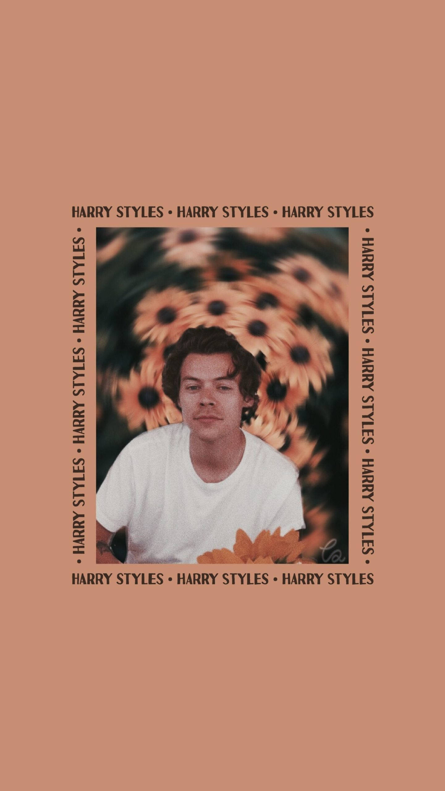 哈利·史泰爾斯 桌布 壁紙 — Harry Styles 身穿白色T恤，被向日葵包圍，背景為柔和蜜桃色，帶有重複文字邊框。