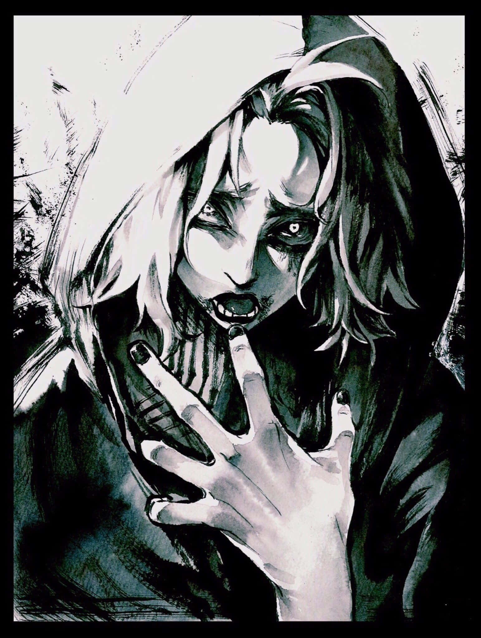 Seidou Takizawa 桌布 壁紙 — 一個令人毛骨悚然的動漫風格插圖，描繪一個蒼白、戴著兜帽的人物，擁有鋒利的牙齒和黑暗的眼睛，向觀看者伸出手。
