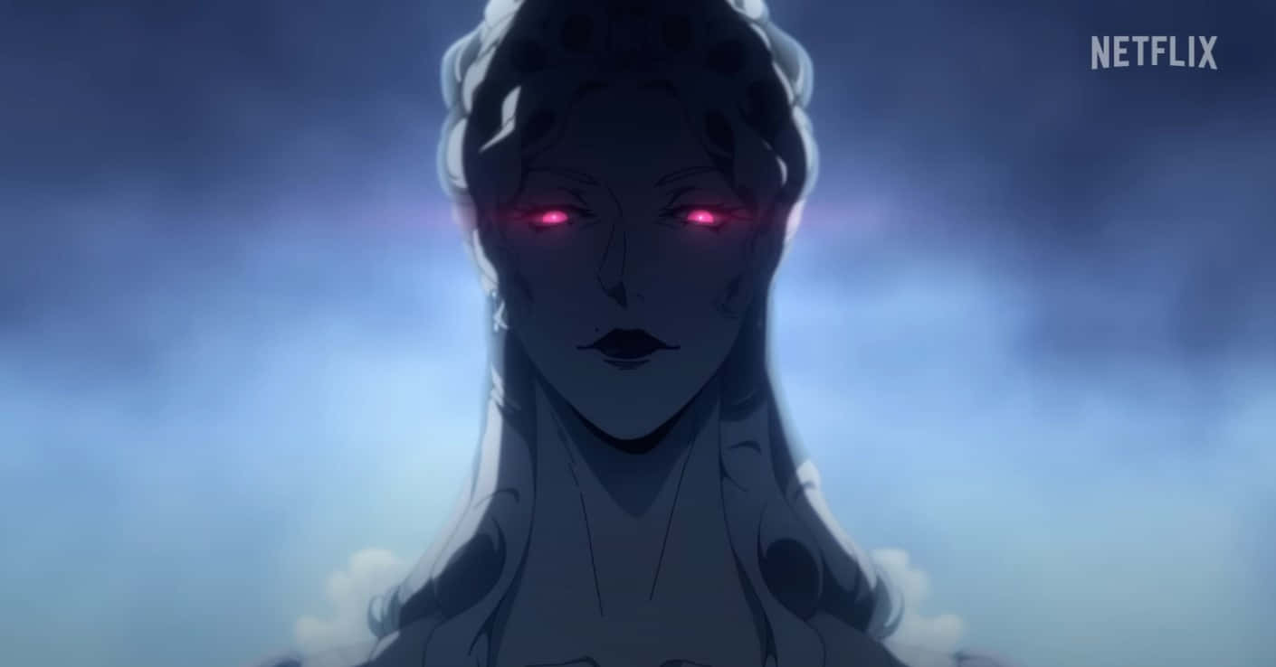  壁紙 — 一個令人難忘的動漫女性，擁有發光的紅眼睛和蒼白的頭髮，站在陰鬱的藍色多雲天空前。