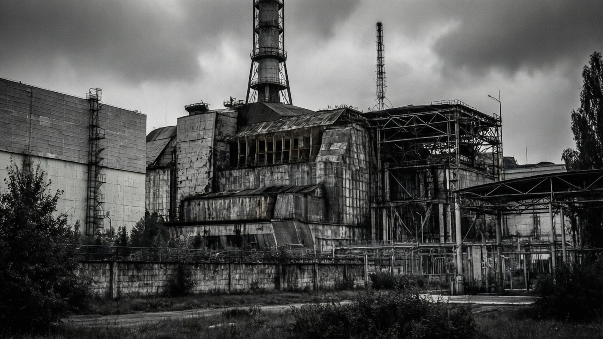 Chernobyl Ghost 壁紙 — 在厚重雲層下，廢棄的車諾比核電廠的陰森黑白景象。
