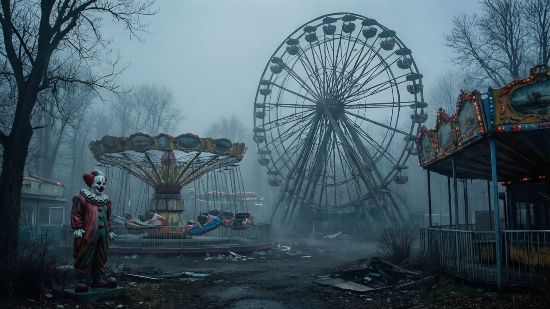 Foggy Amusement Park 壁紙 — 一個陰森迷霧的遊樂園，有破爛的摩天輪、小丑雕像和廢棄的遊樂設施，在灰色天空下。