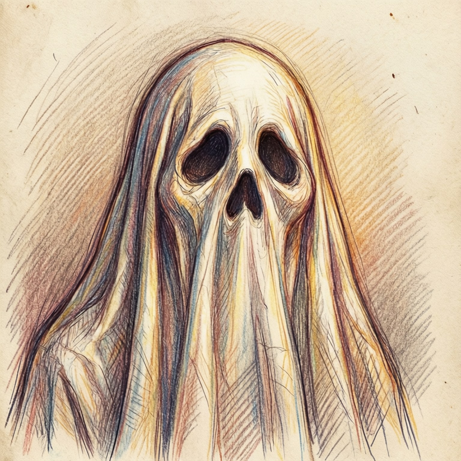 幽灵素描艺术 壁紙 — 一個令人毛骨悚然的鬼魂，擁有骷髏臉和飄逸長袍，以紋理鉛筆筆觸在舊紙上繪製。