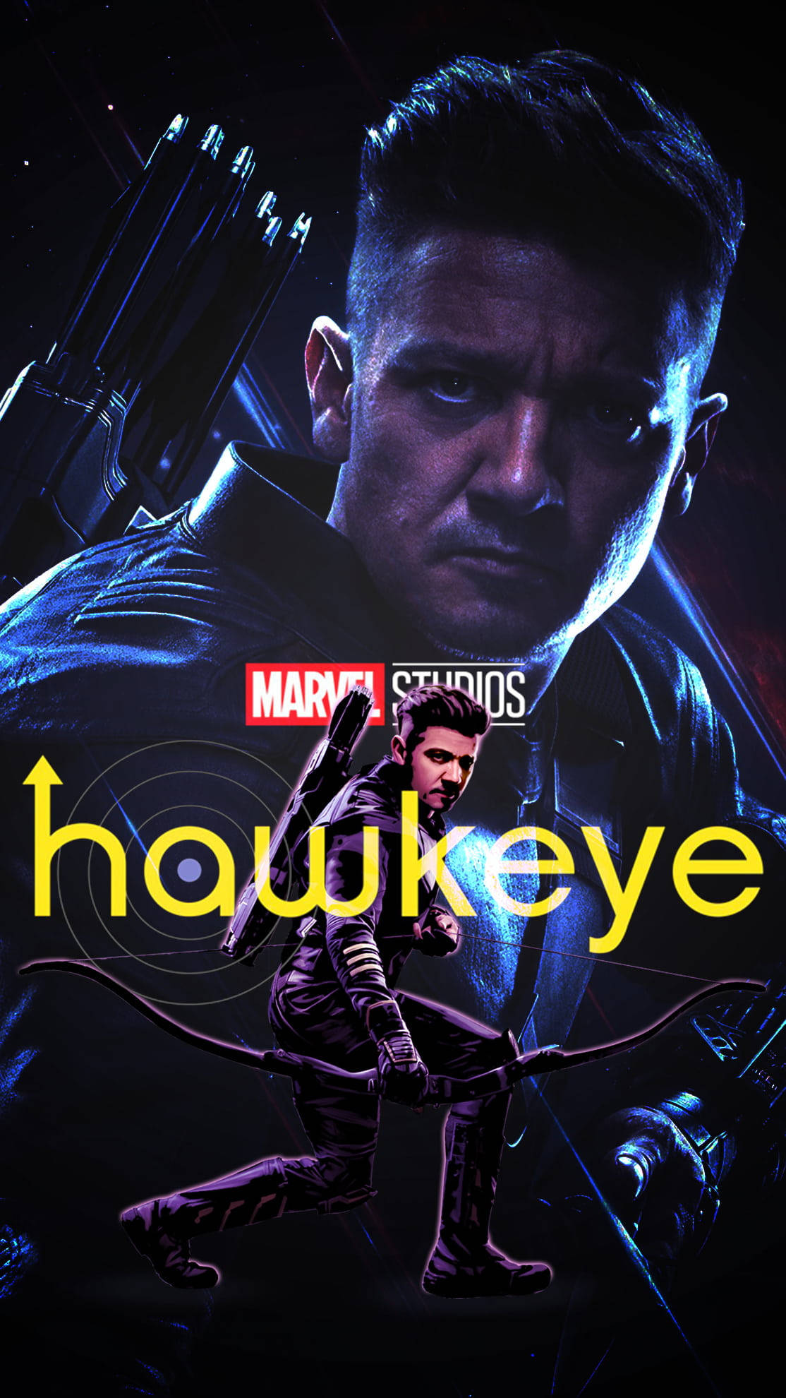 Disney Plus 桌布 壁紙 — Hawkeye 在深藍色燈光下，手持弓箭，以宇宙背景為襯托的戲劇性肖像。