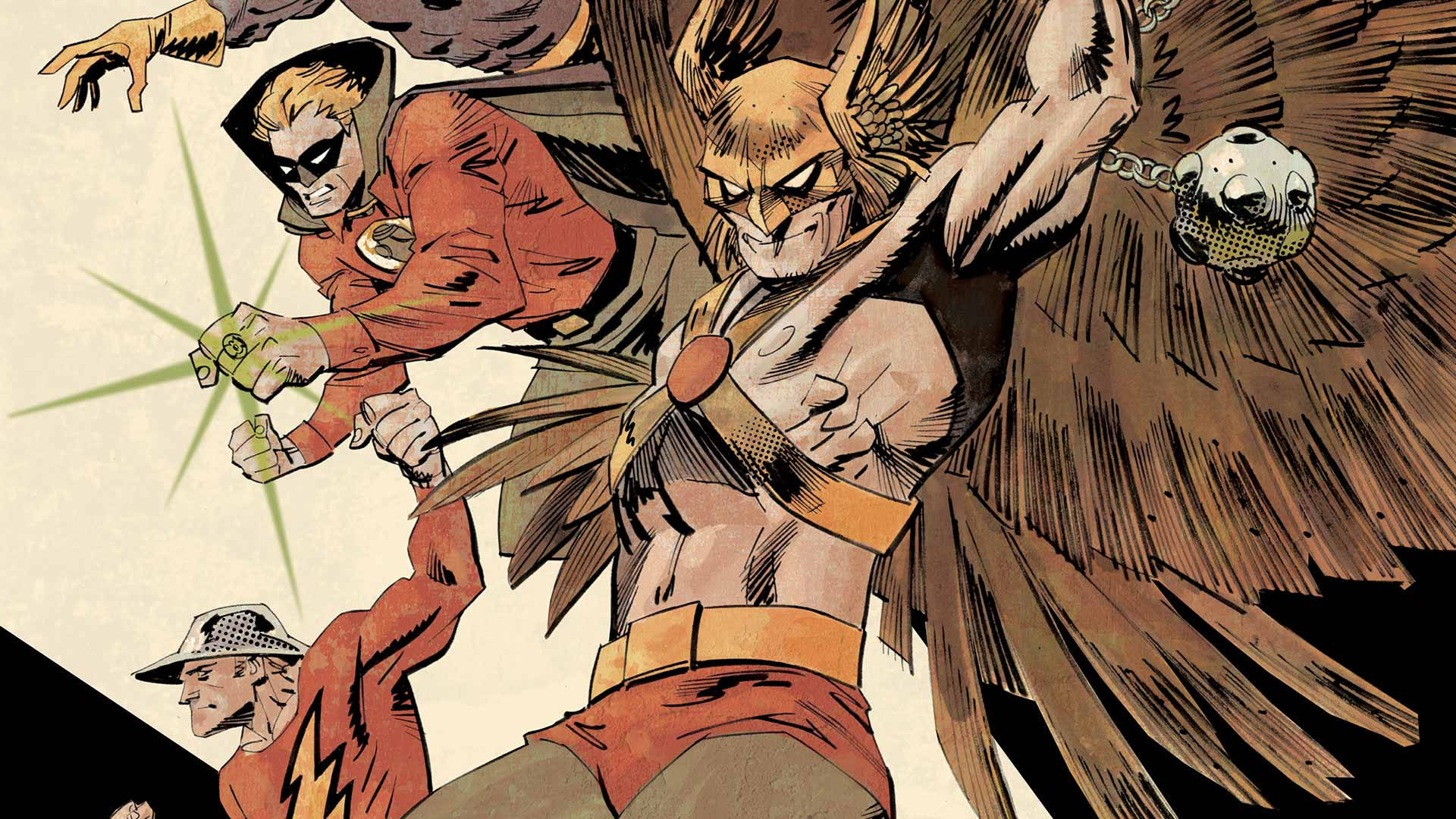 society 桌布 壁紙 — Hawkman 和 Flash 在動作中的動態漫畫插圖，第三位英雄揮舞著發光武器。