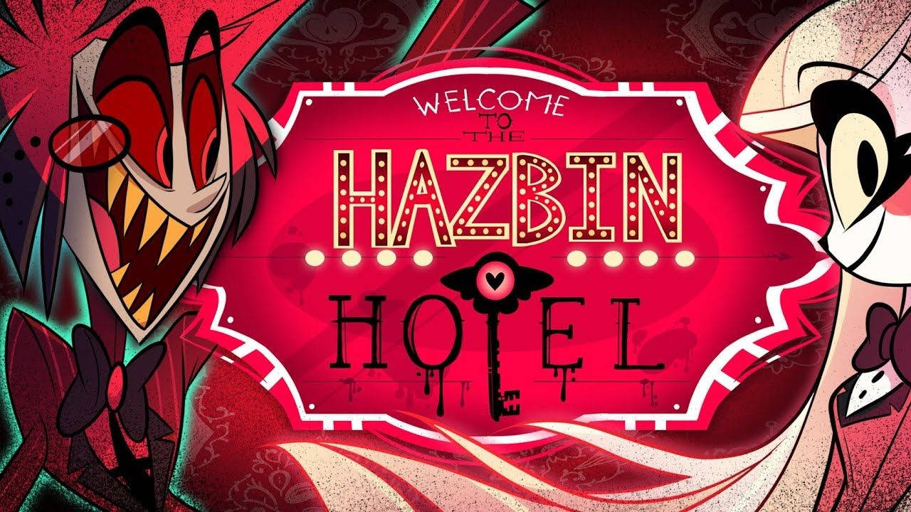 地獄客棧 桌布 壁紙 — Hazbin Hotel 的鮮豔動畫招牌，兩側有兩個表情誇張的卡通角色。