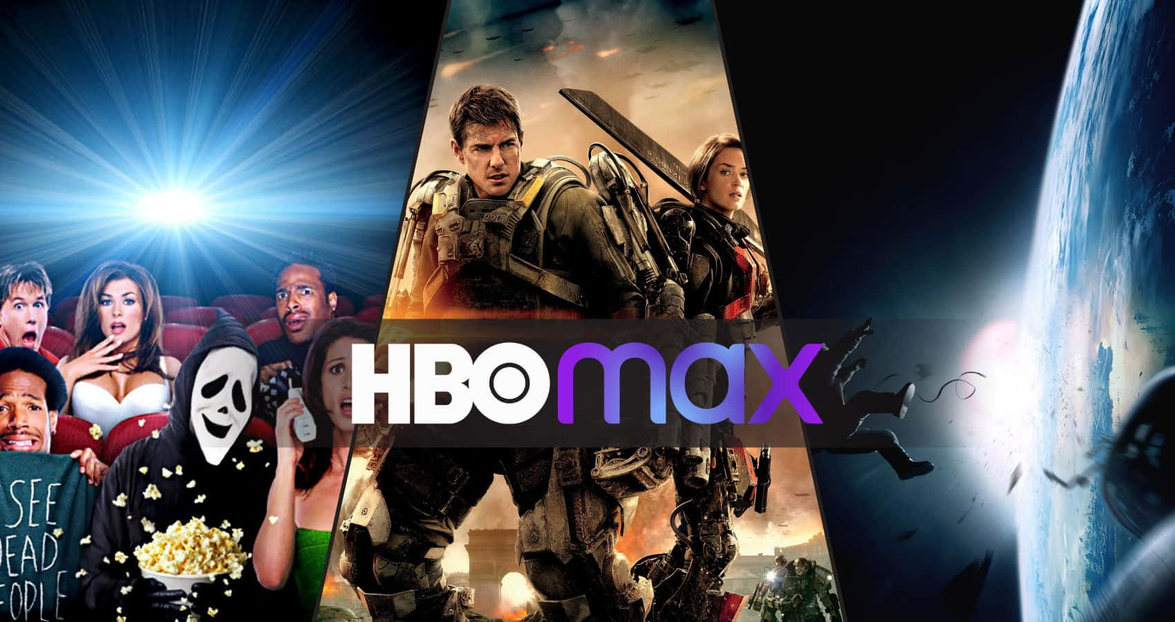 HBO 桌布 壁紙 — HBO Max 標誌置中，搭配顯示震驚觀眾、科幻動作和太空場景的電影海報。