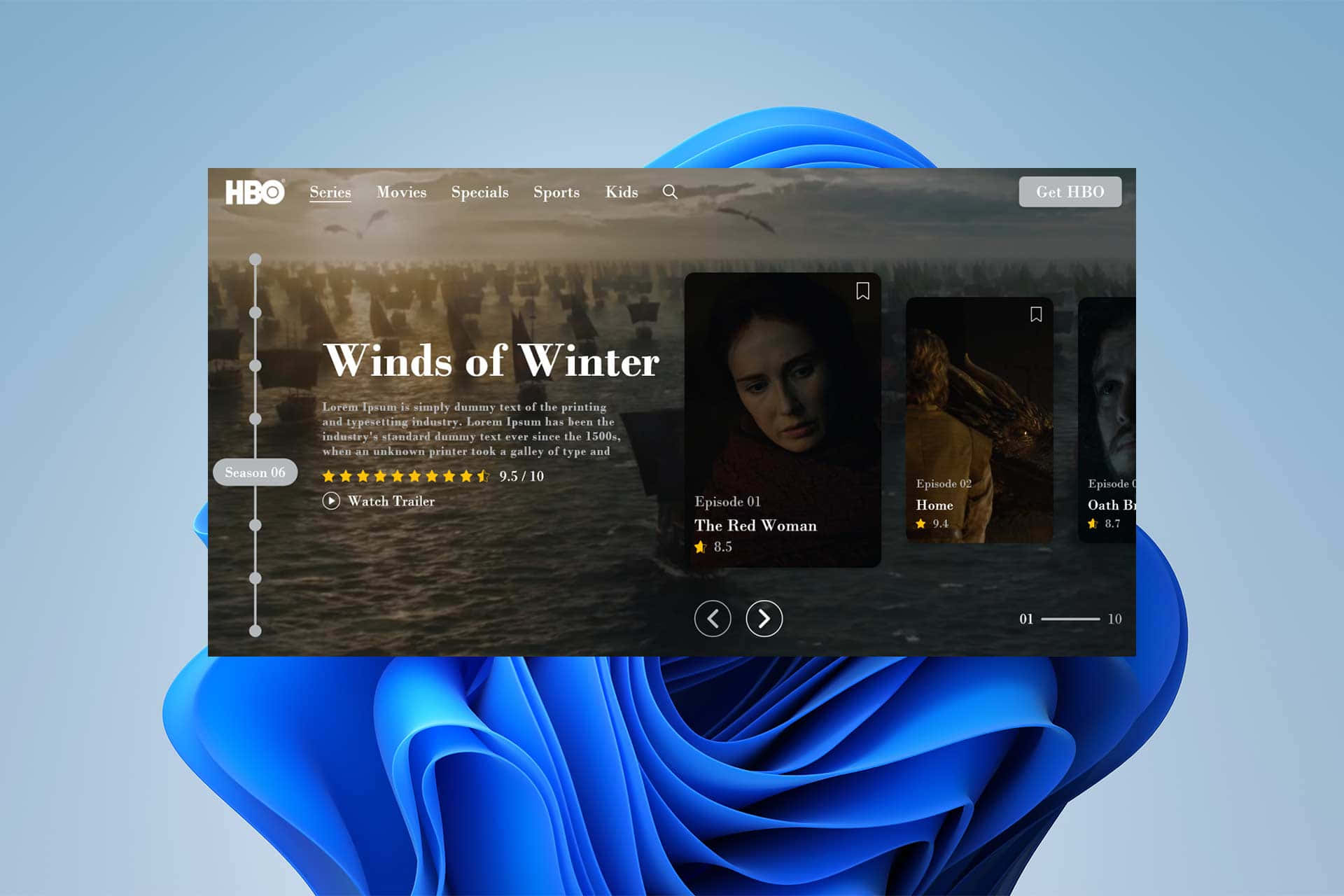 HBO 桌布 壁紙 — HBO 串流介面顯示「Winds of Winter」，背景為藍色抽象波浪。