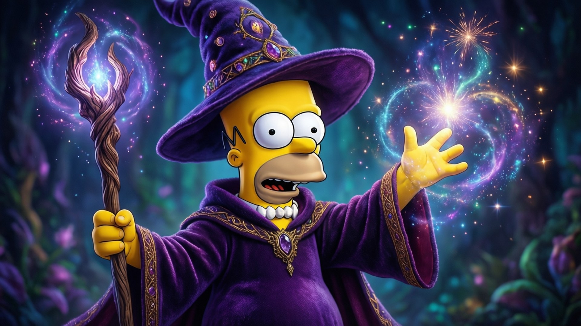 Wizard Bart 壁紙 — 荷馬·辛普森穿著紫色巫師袍和帽子，在神秘森林中用發光法杖和閃爍球體施展魔法。