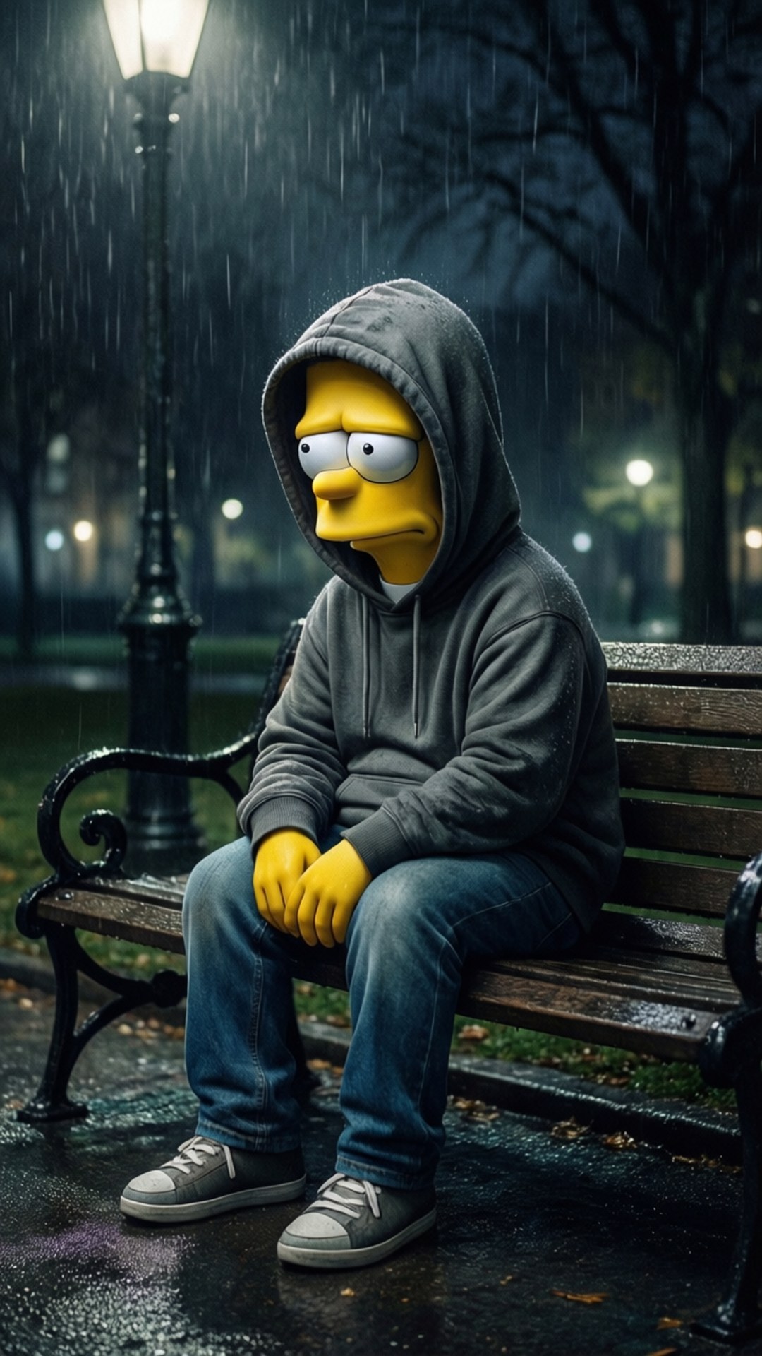 Sad Hoodie Bart 壁紙 — 荷馬·辛普森獨自坐在街燈下濕漉漉的公園長椅上，雨水落在他周圍。
