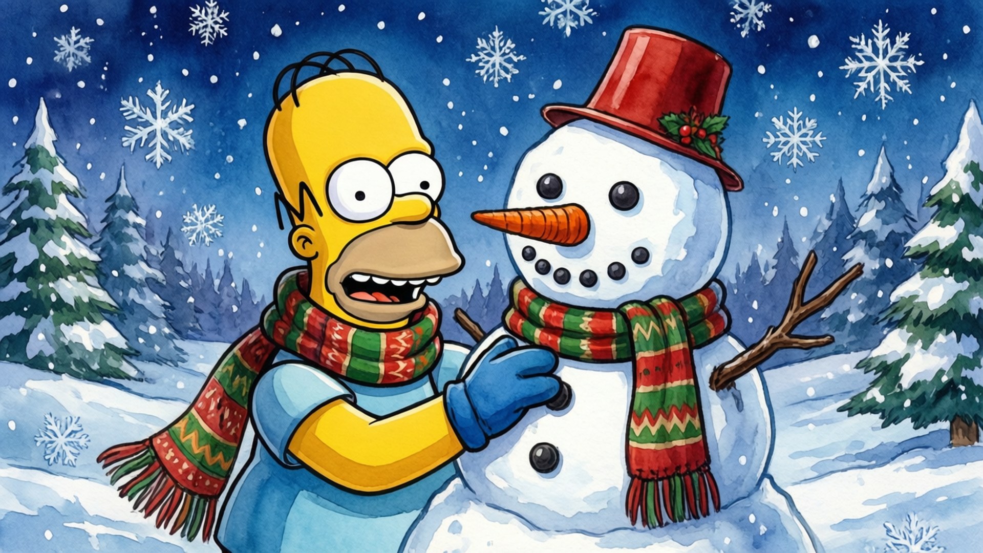 Winter Homer 壁紙 — 荷馬·辛普森在雪地森林中愉快地堆雪人，雪人戴著紅色高帽和節日圍巾。
