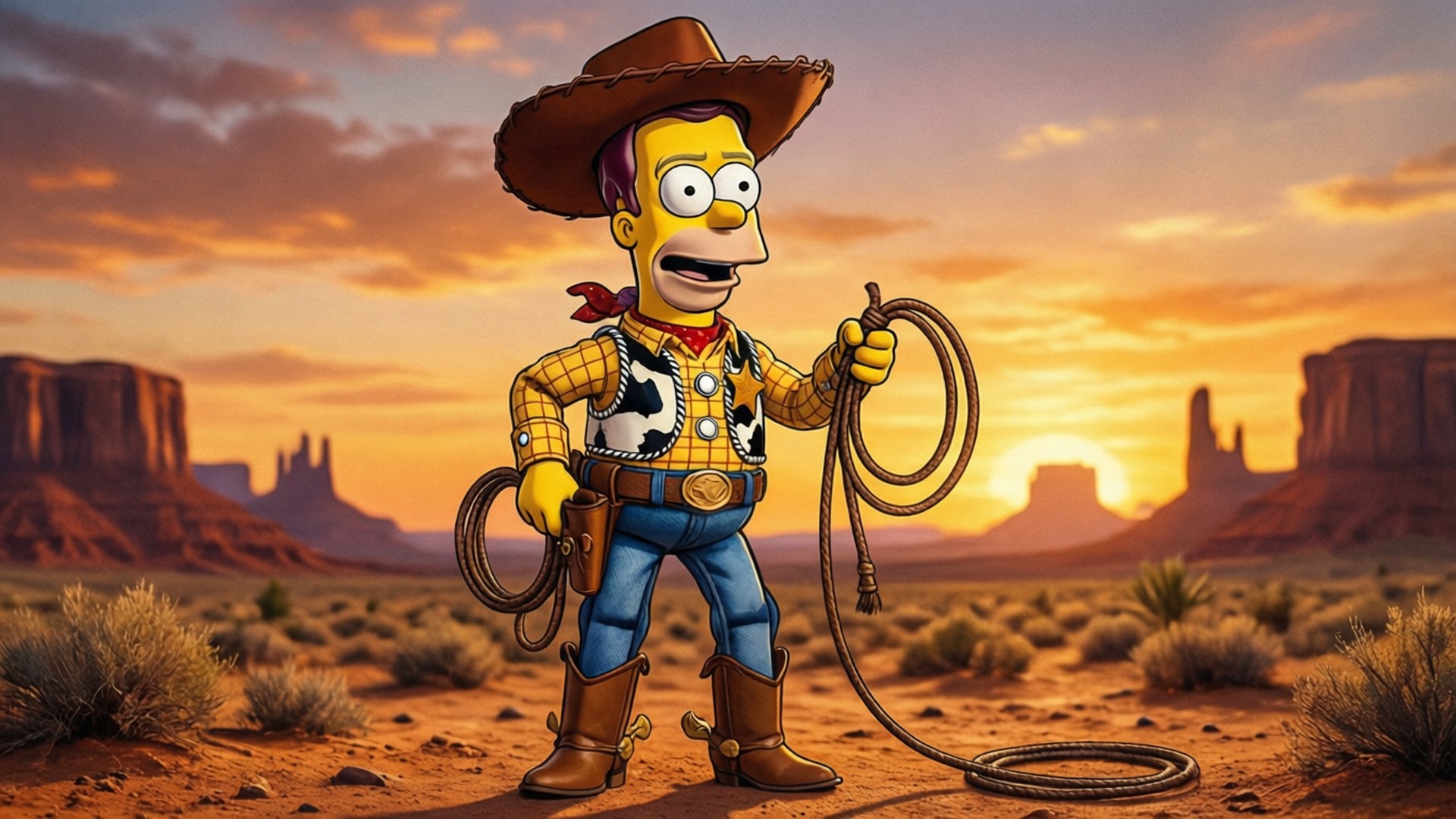 Cowboy Homer 壁紙 — 荷馬·辛普森站在沙漠中，夕陽下戴著牛仔帽，手持套索，背景有岩石 formations。