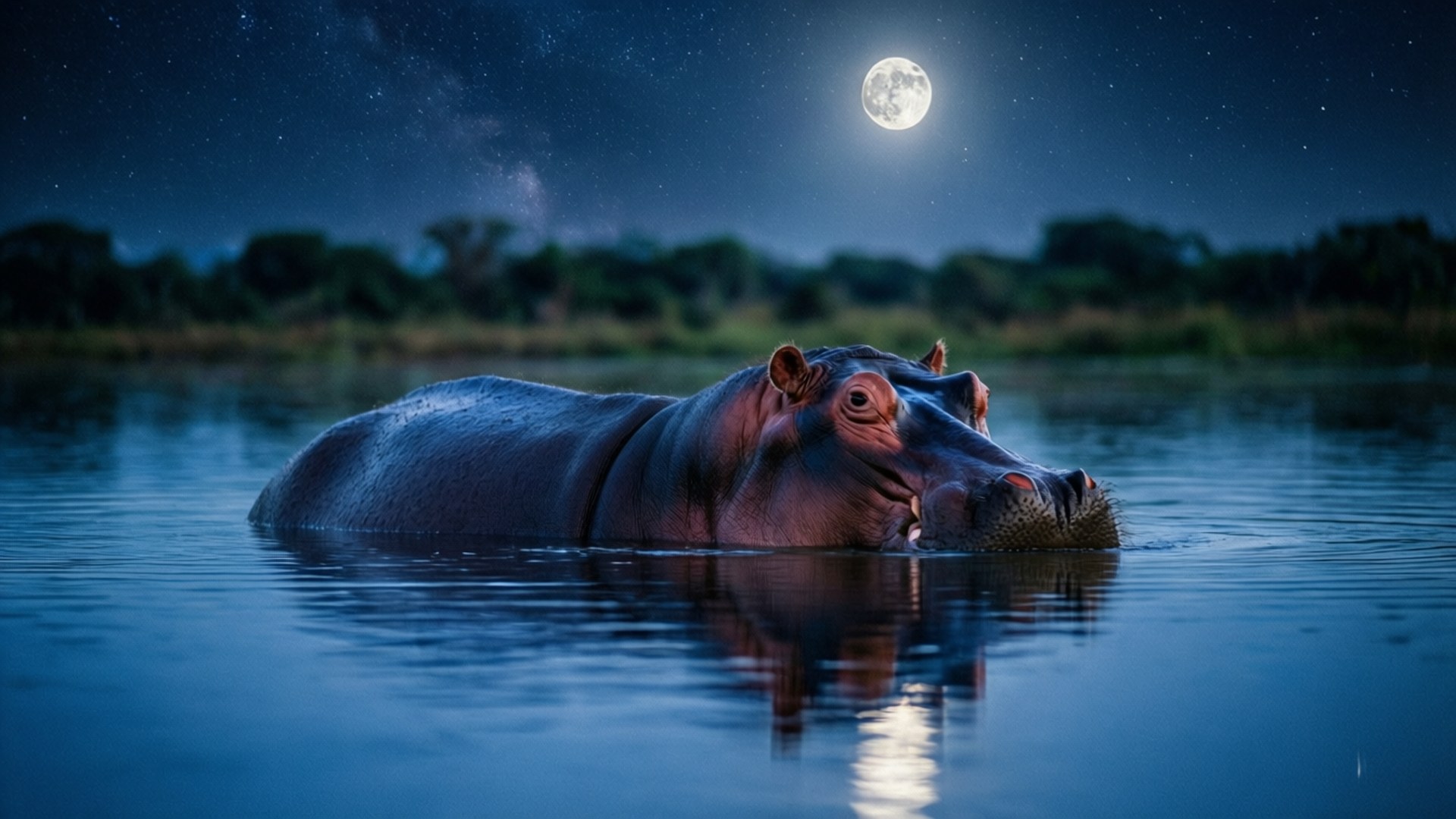 Moonlit Hippo 壁紙 — 河馬在月光照耀的水面上靜靜漂浮，星空下滿月倒映水中。