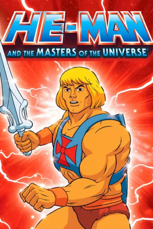 he man 桌布 壁紙 — He-Man 以經典80年代卡通風格，在帶有閃電的熾熱紅色背景前英勇地揮舞著劍。