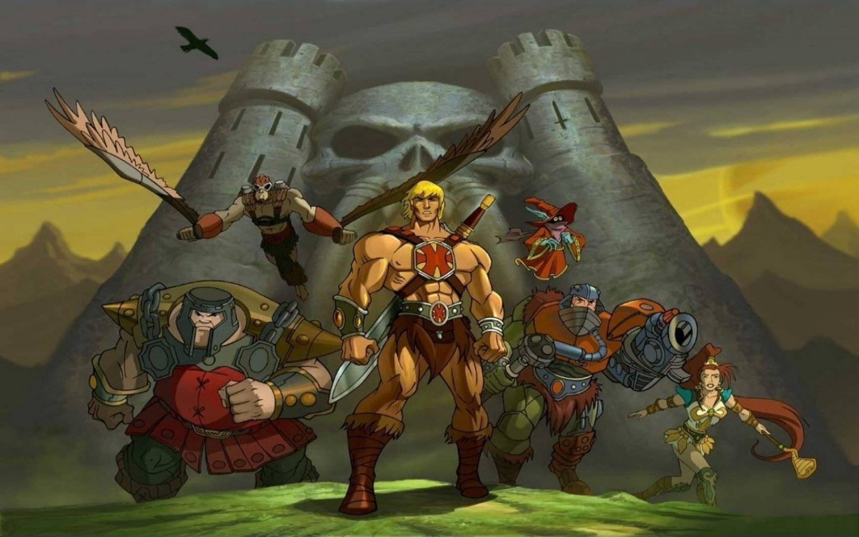超級英雄 桌布 壁紙 — He-Man 和他的團隊在日落時分英勇地站在一個骷髏形狀的城堡前，頭頂有一隻鳥飛過。