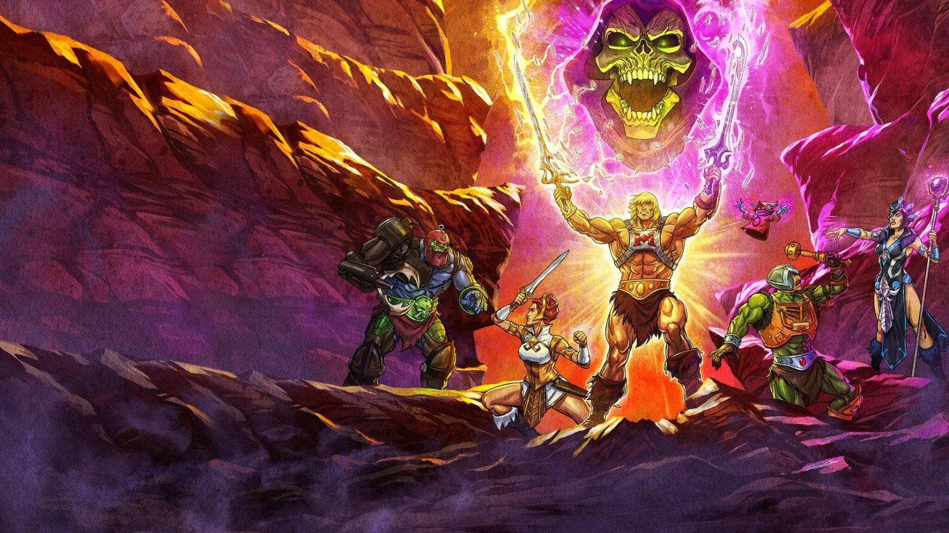 He-Man 和他的團隊在熾熱的洞穴中與Skeletor戰鬥。 — 電影動圖 壁紙