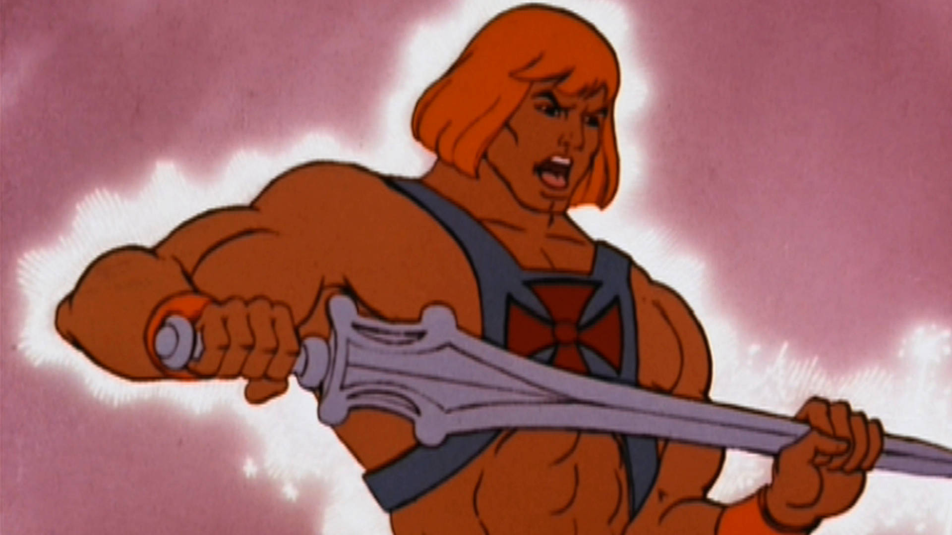 Vintage Cartoon 桌布 壁紙 — He-Man 在發光的粉紅和白色宇宙背景下，以兇猛的決心揮舞著他的劍。