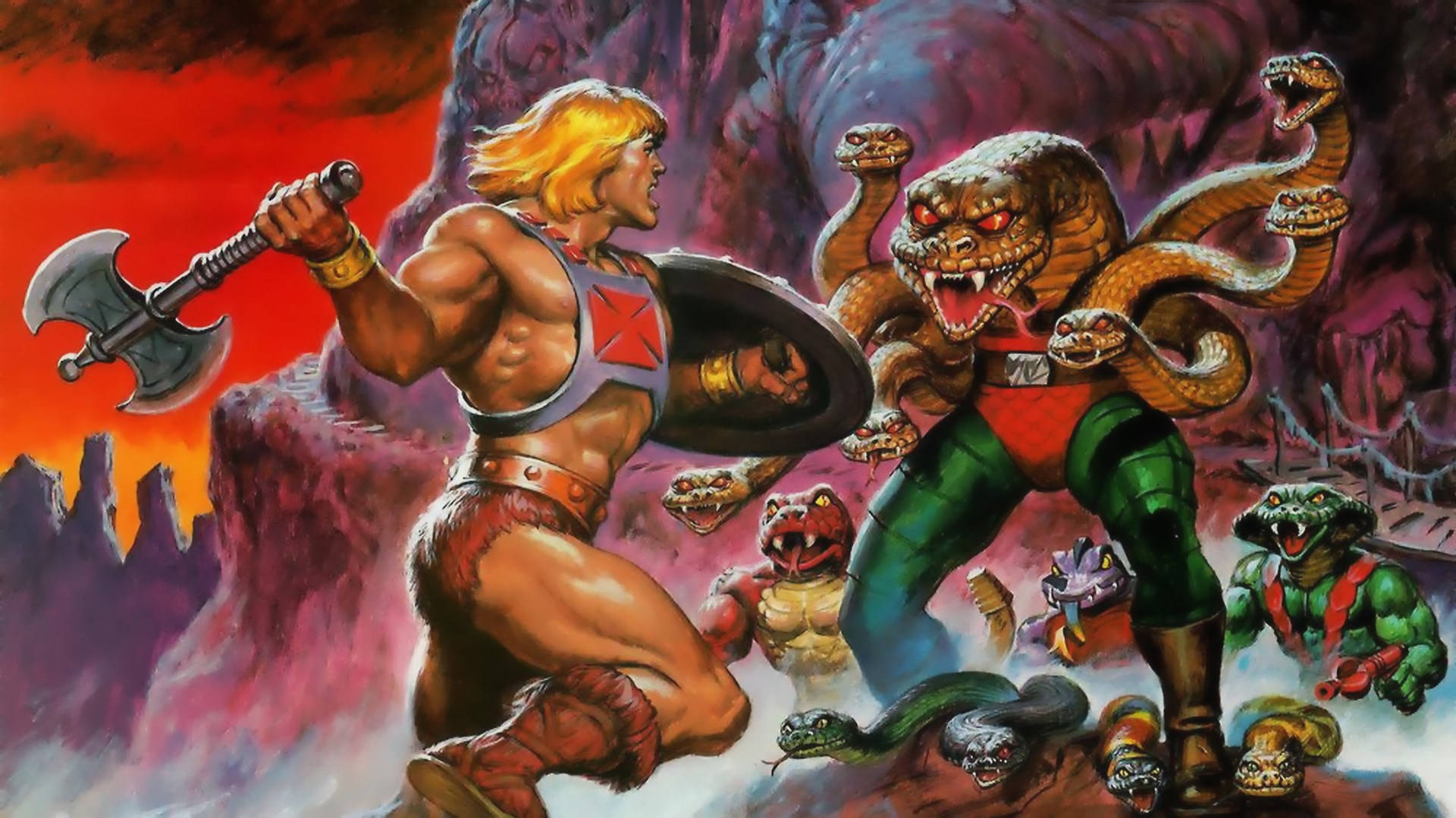 超級英雄 桌布 壁紙 — He-Man 揮舞著斧頭和盾牌，對抗多頭蛇怪及其爬蟲軍團，場景是一場熾熱的奇幻戰鬥。