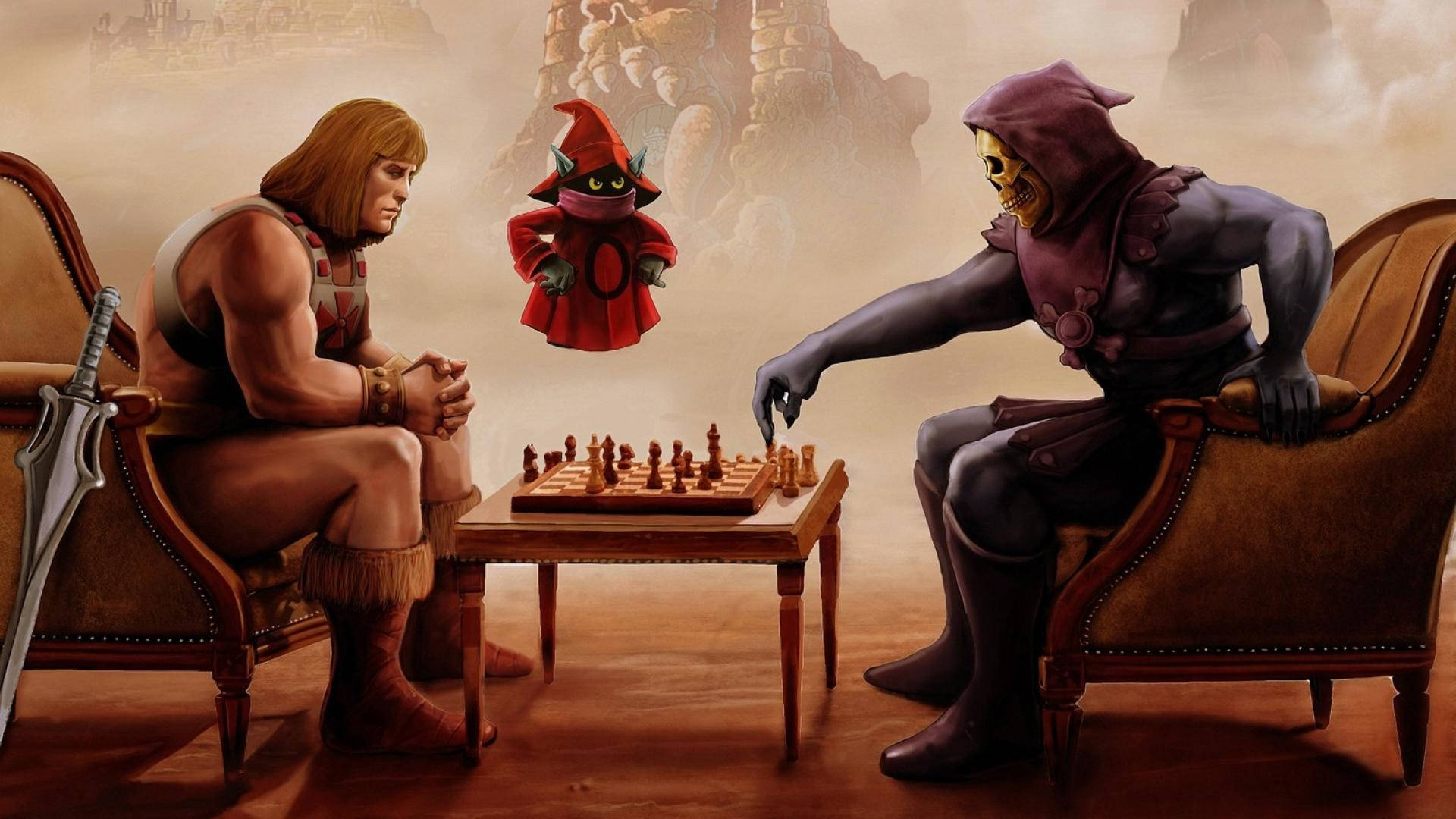 he man 桌布 壁紙 — He-Man 與 Skeletor 在一場緊張的西洋棋比賽中對決，一個漂浮的巫師懸浮在棋盤上方。
