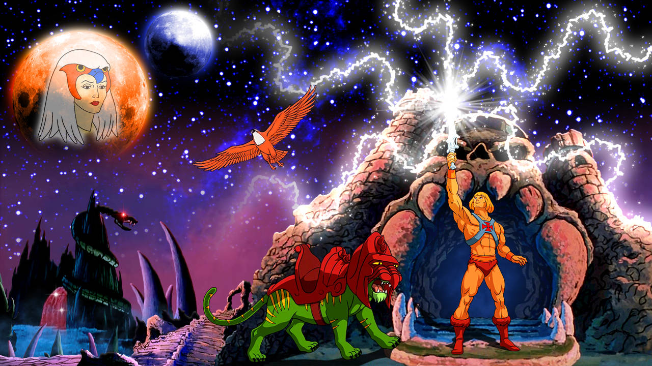 動畫 桌布 壁紙 — He-Man 英勇地站在發光的骷髏山前，一隻紅獅和一隻鷹在星空下翱翔，空中有一張臉的月亮。