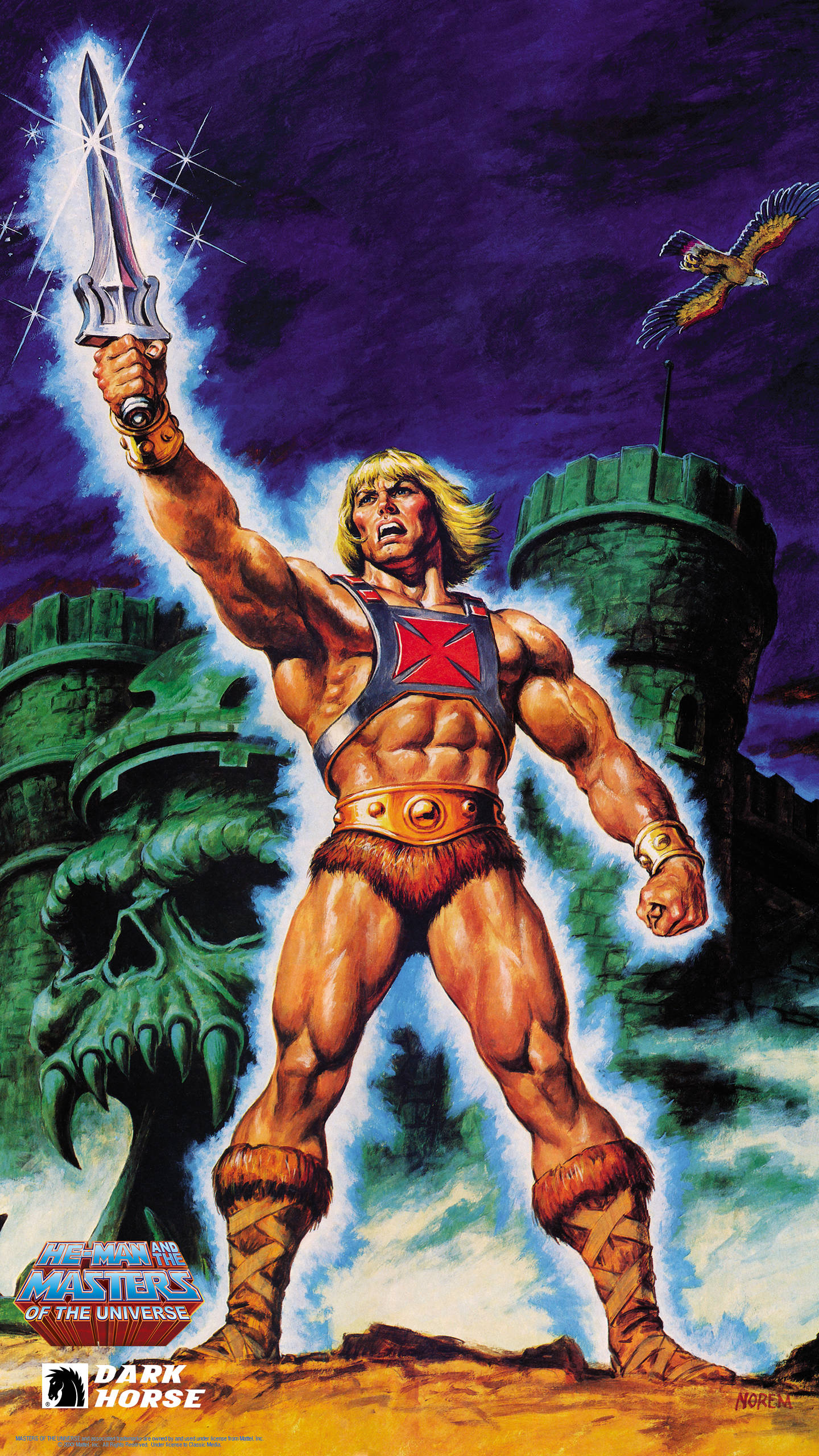 Vintage Cartoon 桌布 壁紙 — He-Man 英雄式地站在城堡廢墟頂端，揮舞著發光的劍，紫色天空下有一隻鳥在翱翔。