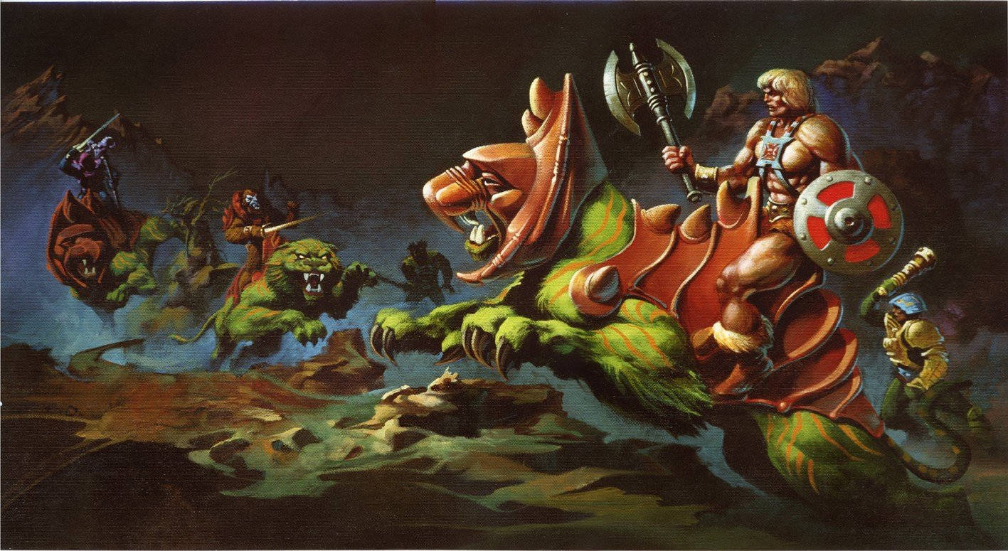 he man 桌布 壁紙 — He-Man 騎著一隻咆哮的綠色虎形野獸穿過黑暗的奇幻戰場，戰士們騎著怪獸般的戰馬。