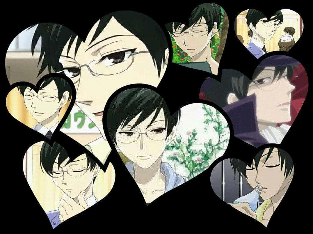 Kyoya Ootori 桌布 壁紙 — 心形框架展示多個戴眼鏡年輕男子的動畫肖像，表情和場景各異。