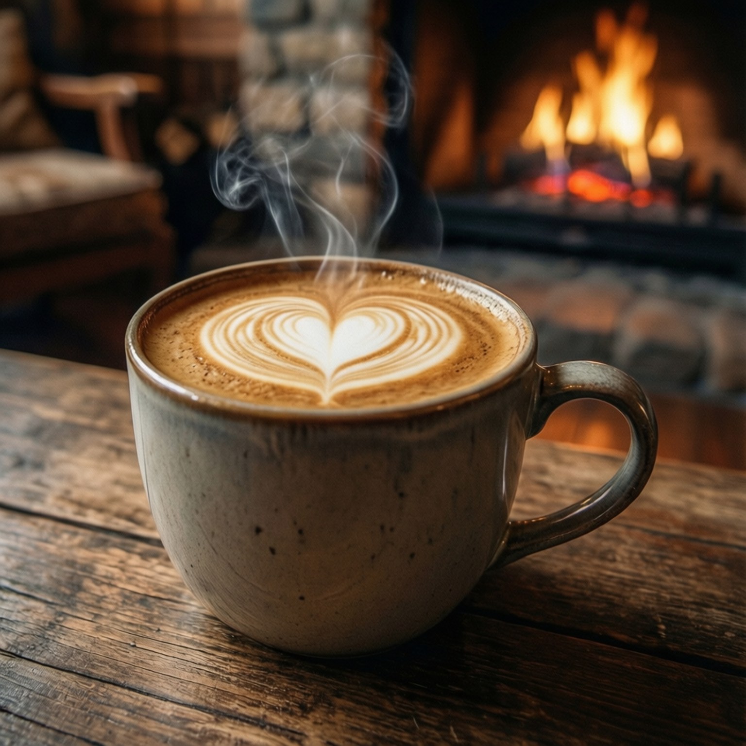 Latte Art Heart Coffee 壁紙 — 一杯冒著熱氣的心形拉花咖啡放在質樸的木桌上，前面是劈啪作響的石壁爐。