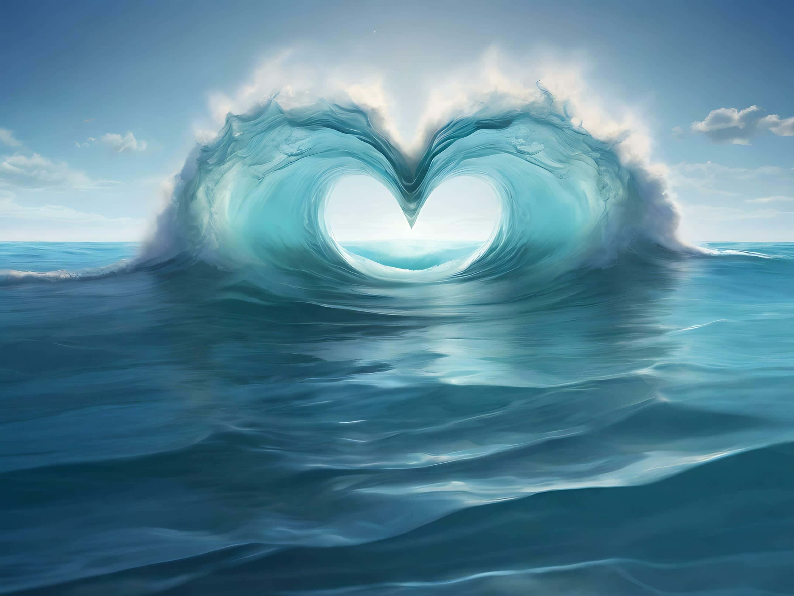 I Love God 桌布 壁紙 — 心形海浪優雅地彎曲，映襯著清澈藍天和柔軟雲朵。