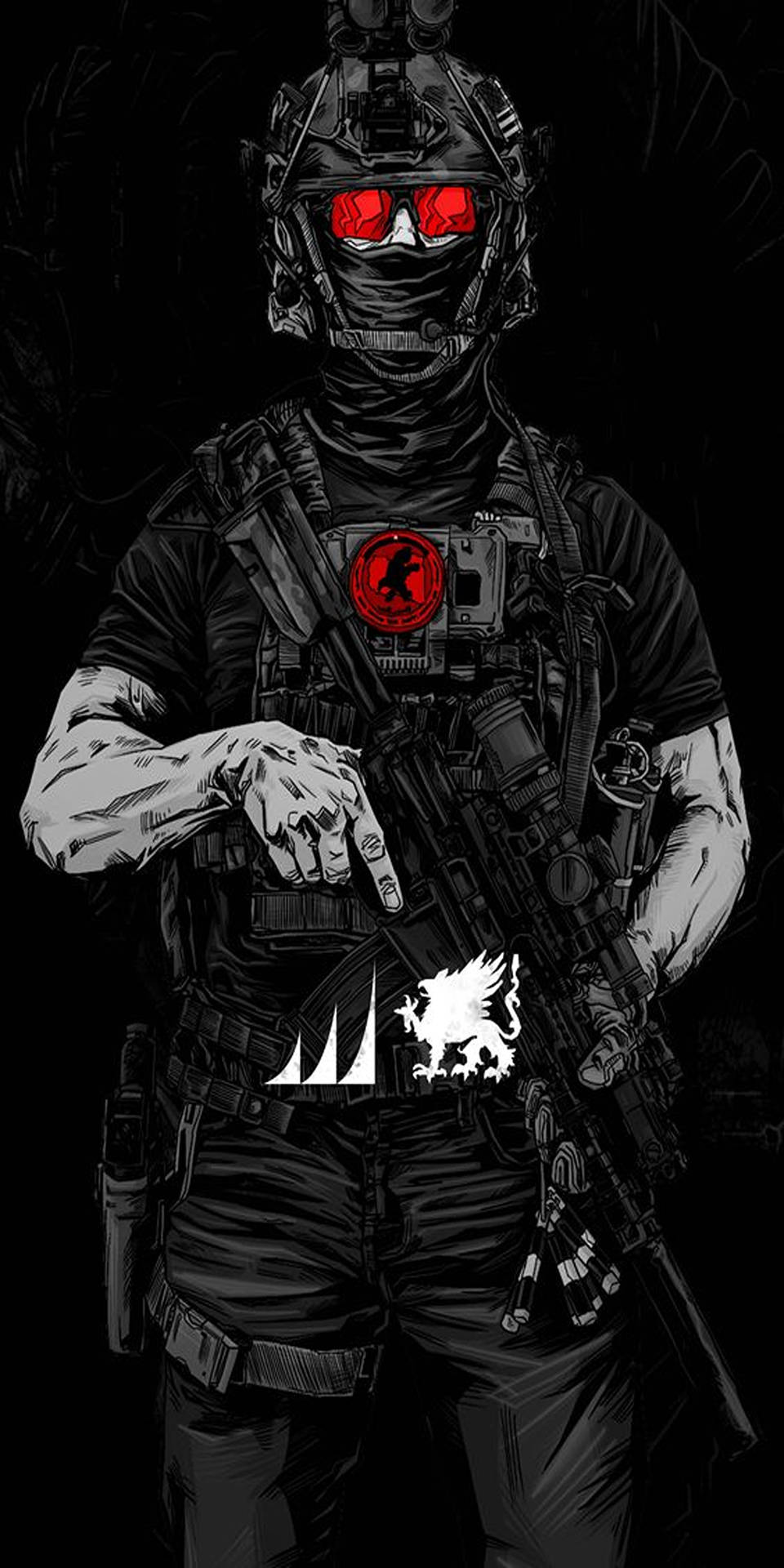 戰術士兵，紅色發光眼睛和徽章，手持武器。 — 使命召喚 壁紙
