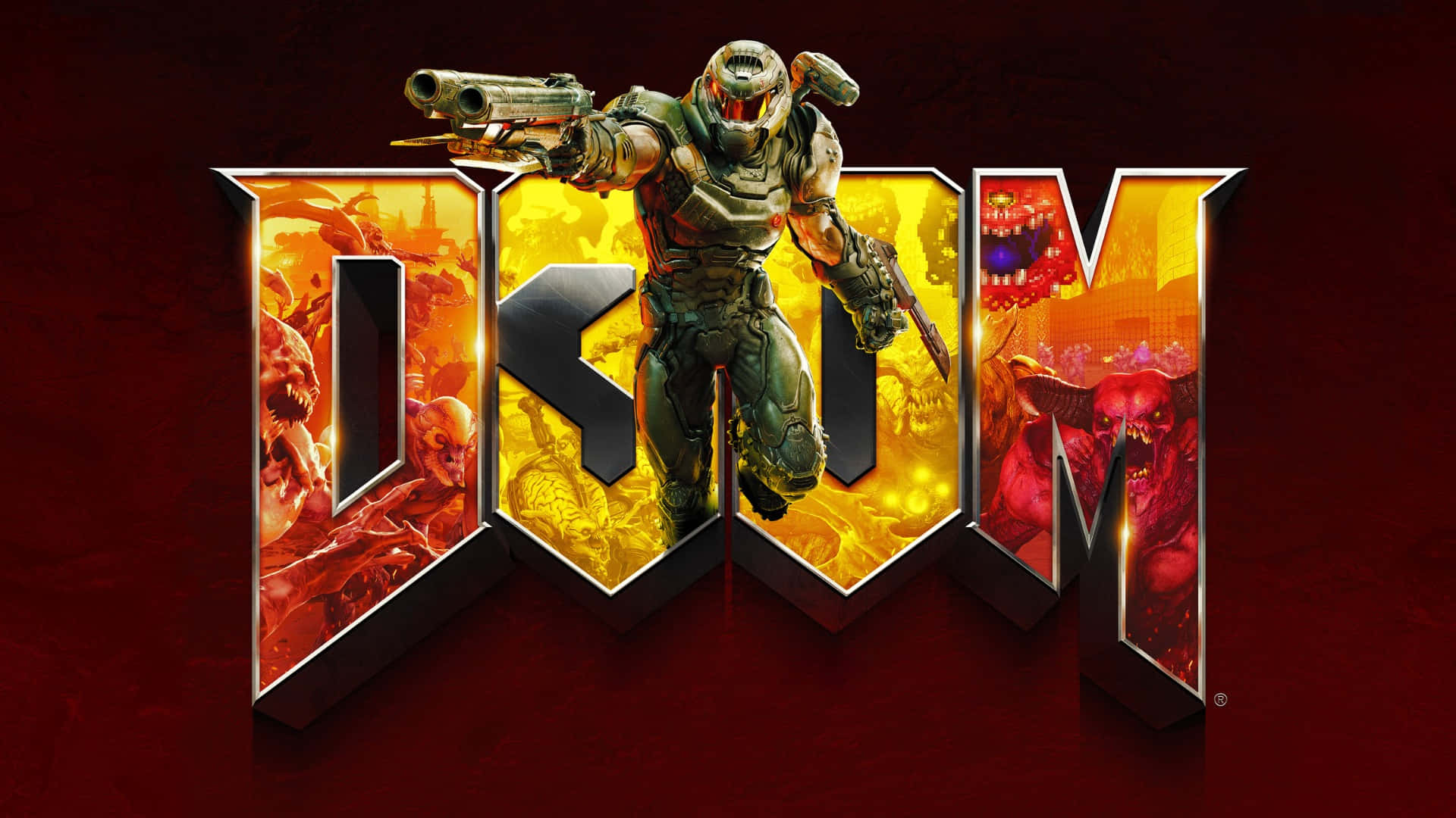  壁紙 — 一名全副武裝的士兵在發光的DOOM字母內挑釁地站立，被惡魔生物包圍，背景是火紅色的。
