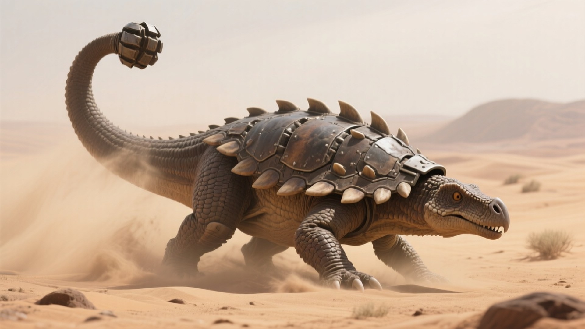 Desert Defender 壁紙 — 一隻重裝甲恐龍，尾巴上掛著手榴彈，走過塵土飛揚的沙漠景觀。