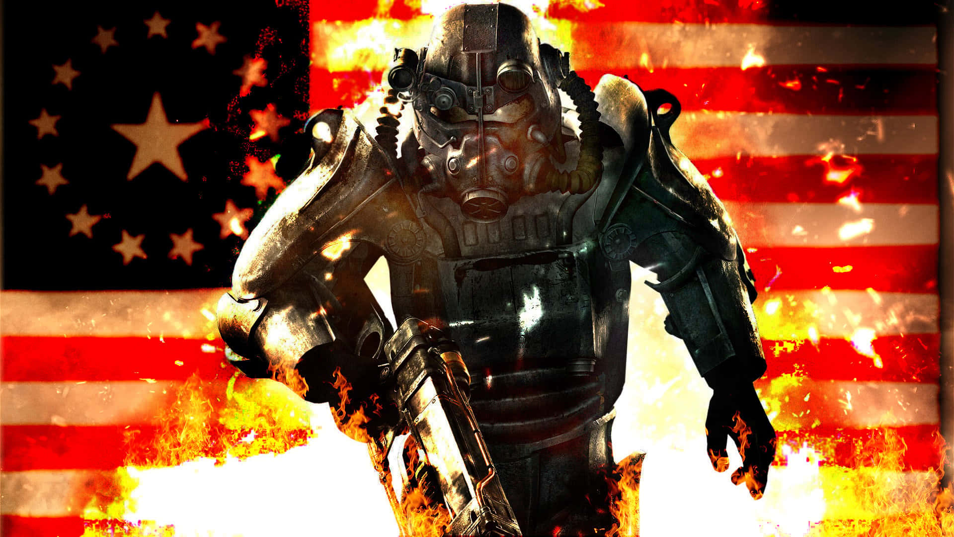 Fallout Brotherhood Of Steel 桌布 壁紙 — 一名身穿重型裝甲、戴著防毒面具的士兵，在燃燒的美國國旗背景下挑釁地站立。