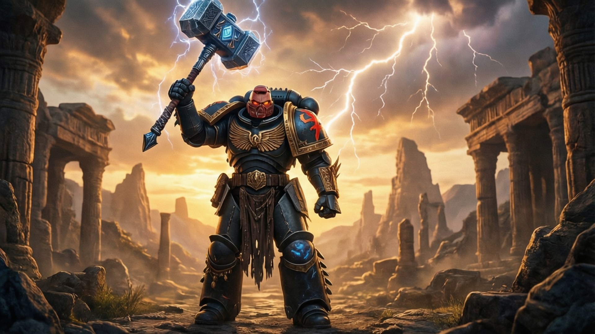 Hammer of the Ancients 壁紙 — 一名身穿重甲的戰士手持發光錘子，在閃電劃破熾熱夕陽天空的背景下，傲然屹立於古代遺跡之中。
