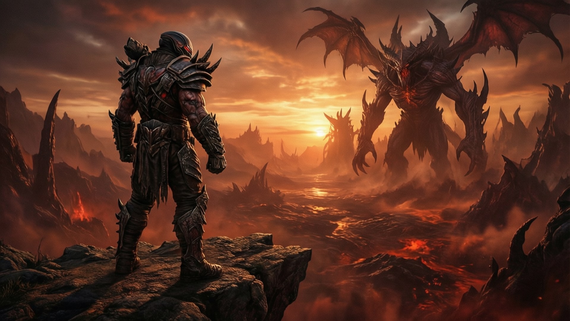 Solitude of the Slayer 壁紙 — 一名重甲戰士站在懸崖上，俯瞰著充滿熔岩的山谷，而一個巨大的惡魔生物，長著蝙蝠般的翅膀，在熾熱的夕陽下從熔化的地面升起。