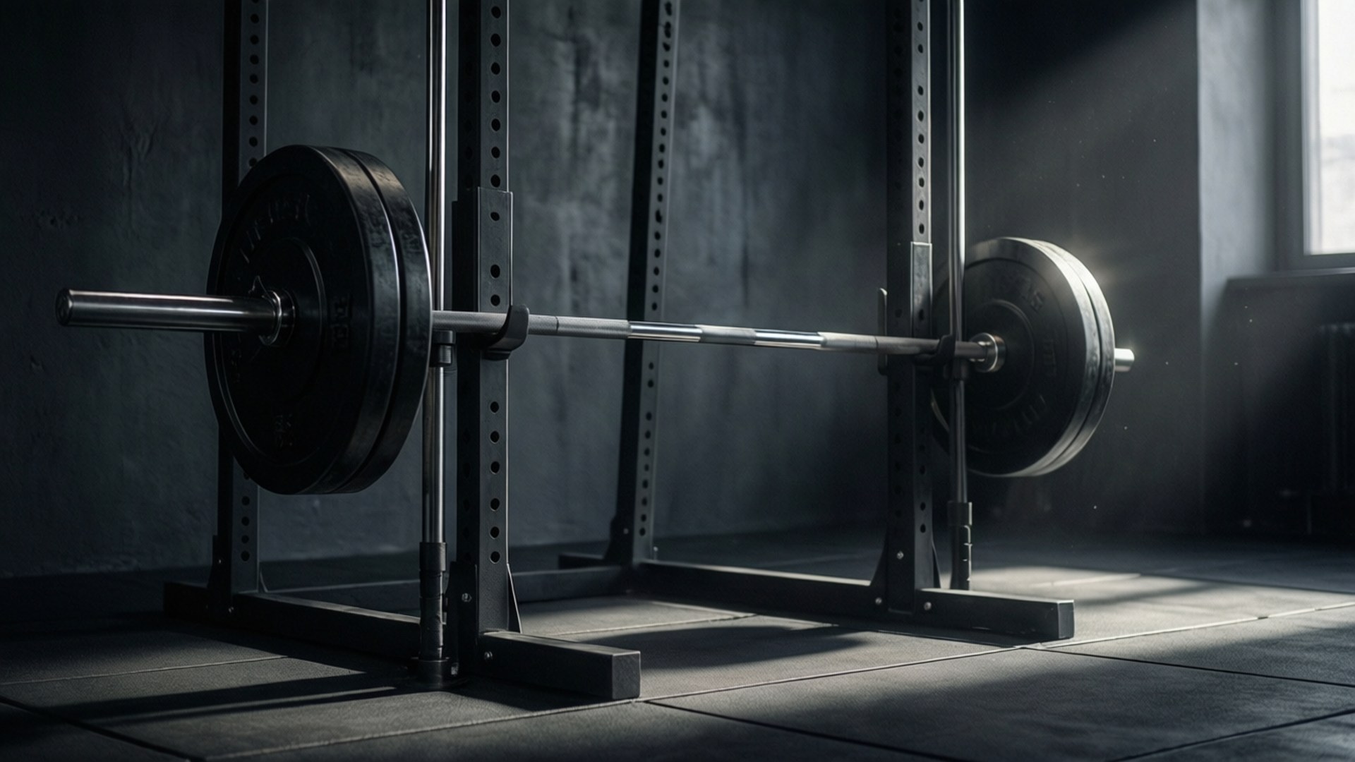 Barbell in Shadows 壁紙 — 一個帶有黑色重量片的沉重槓鈴放在一個光線昏暗的健身房的深蹲架上，陽光透過窗戶照射進來。