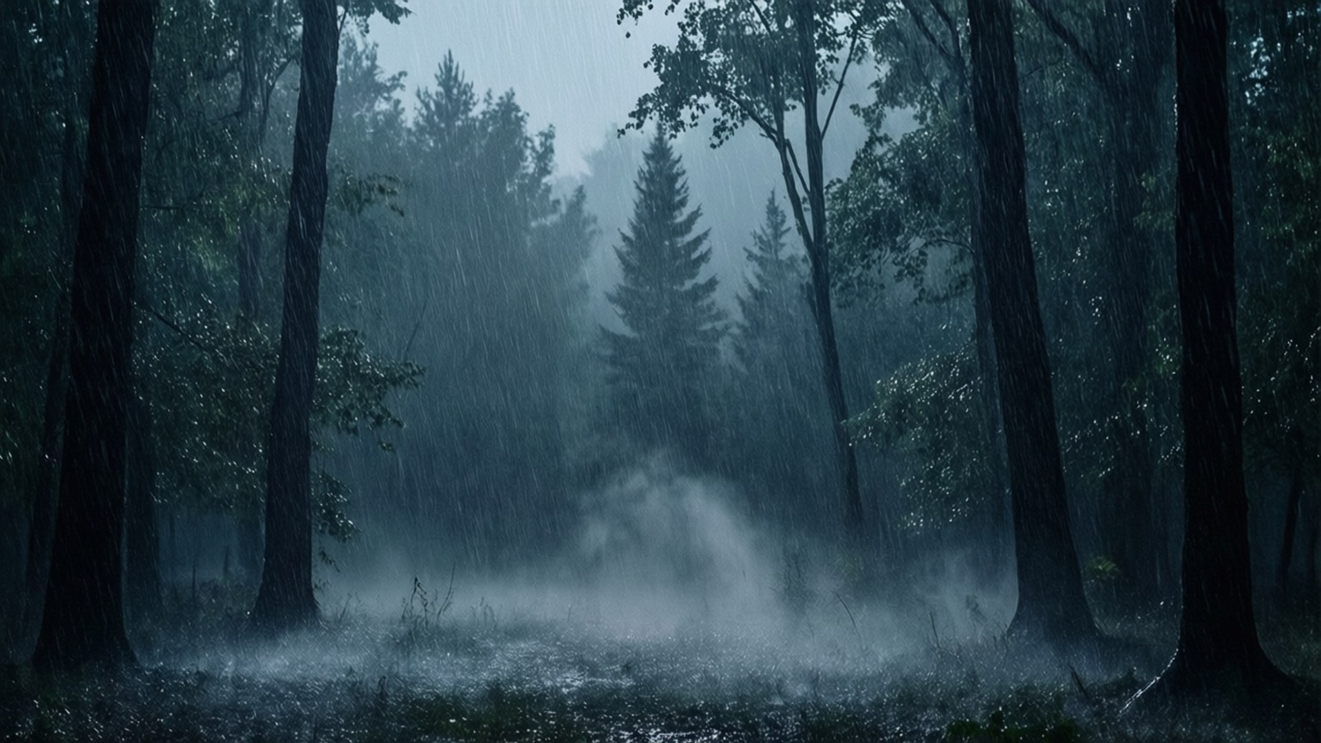 Rainstorm Among the Pines 壁紙 — 大雨傾盆而下，穿過霧氣瀰漫的森林，高大的樹木和潮濕地面升起的霧氣。