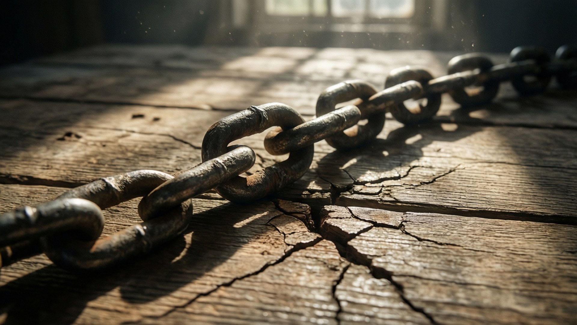 Breaking the Chains 壁紙 — 一條沉重的生鏽鏈條橫跨在龜裂的木質表面上，沐浴在窗戶透進的溫暖陽光中。