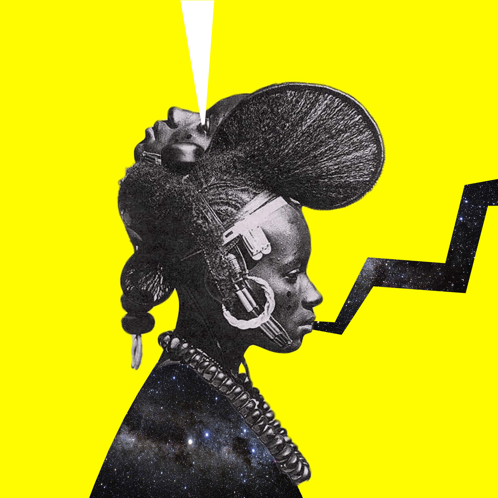 Afrofuturism 桌布 壁紙 — 一個引人注目的黑白插圖，描繪了一位擁有宇宙肌膚和未來主義頭飾的女性，背景是鮮豔的黃色。