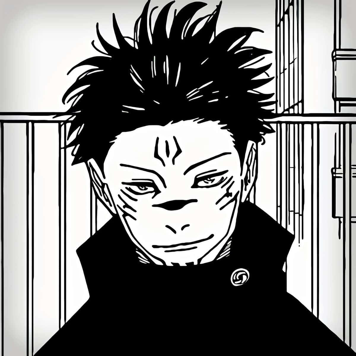  壁紙 — 一幅清晰的黑白動畫肖像，描繪一個頭髮尖刺、眼神銳利、臉上有標記的男性角色，直視前方。
