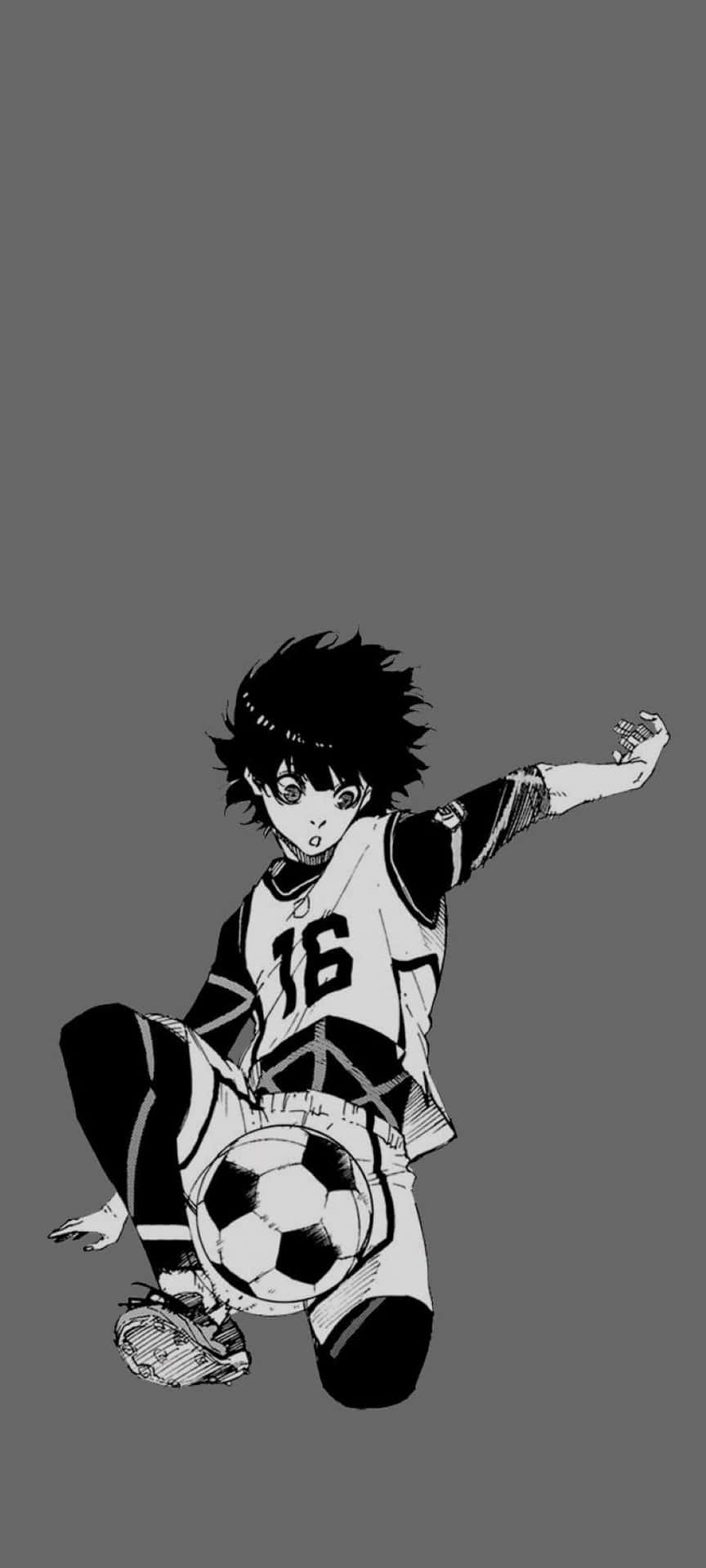  壁紙 — 一位黑白動漫風格的足球員身穿16號球衣，在純灰色背景上動態運球。