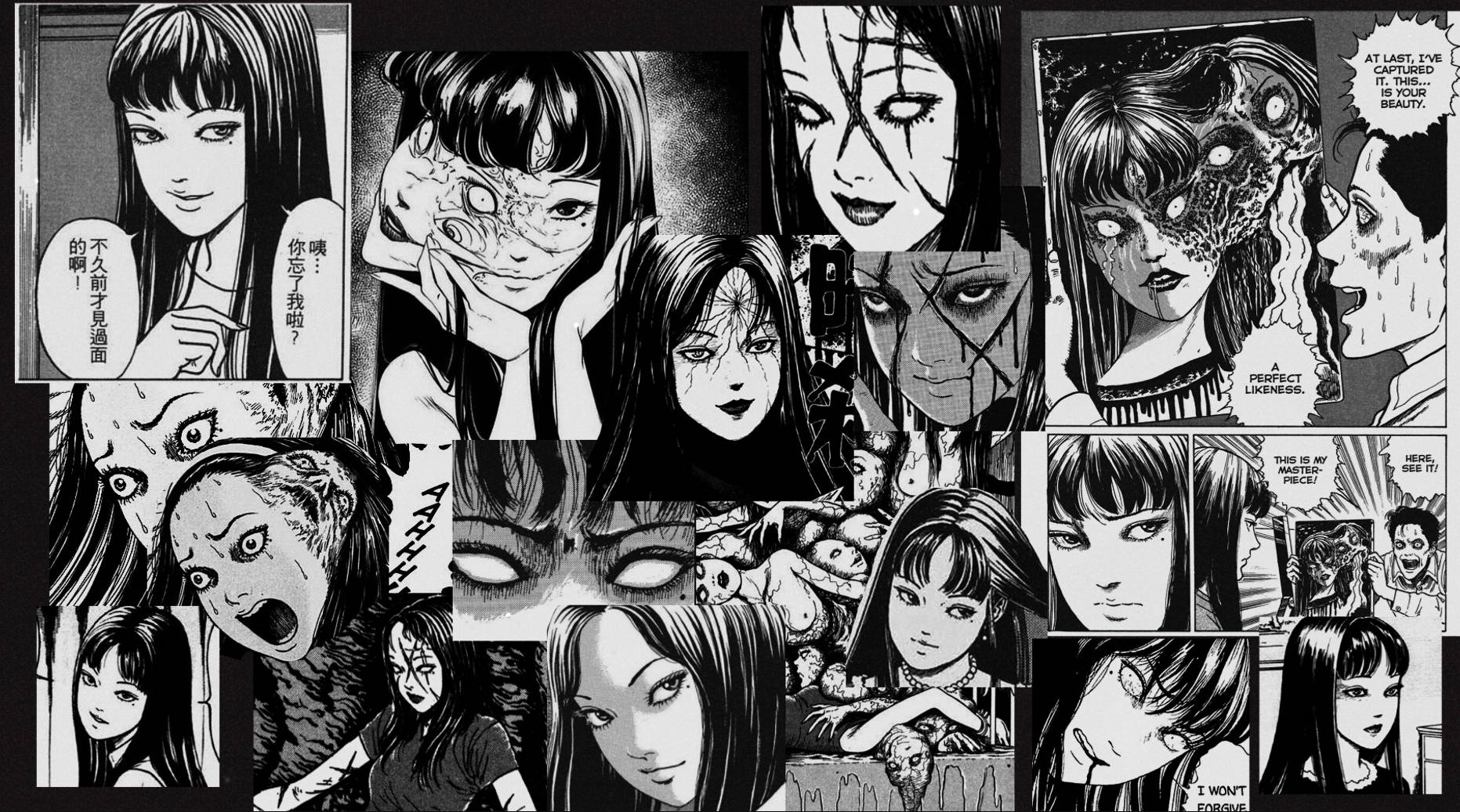 漫畫格展示扭曲的臉孔和恐怖表情，附有對話氣泡。 — 暗黑動漫 壁紙