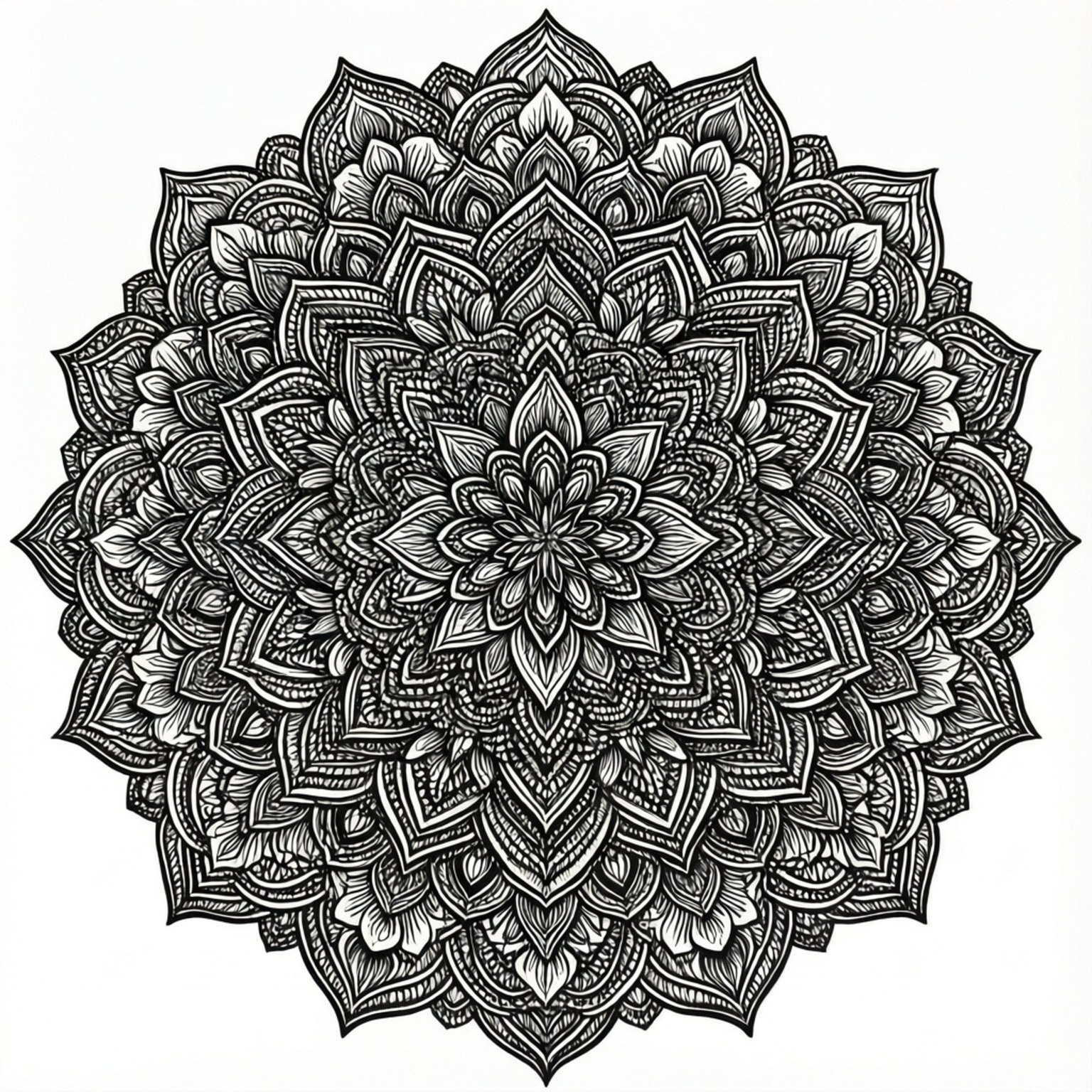 Coloring Pages 桌布 壁紙 — 一個高度詳細的黑白曼陀羅，帶有從中心花朵向外輻射的複雜花卉圖案。