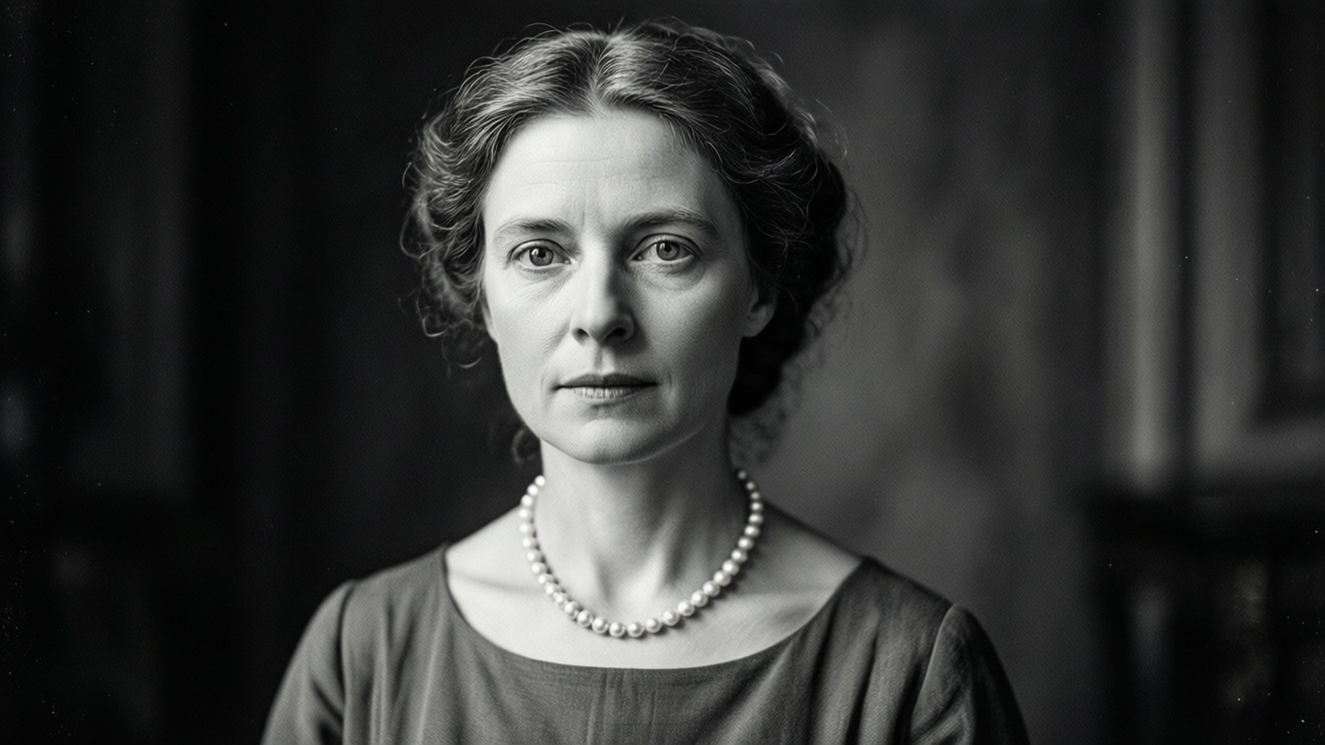 Beatrix Of The Netherlands 桌布 壁紙 — 一幅黑白肖像，一位捲髮女性戴著珍珠項鍊，身穿簡約連衣裙，背景為深色模糊。