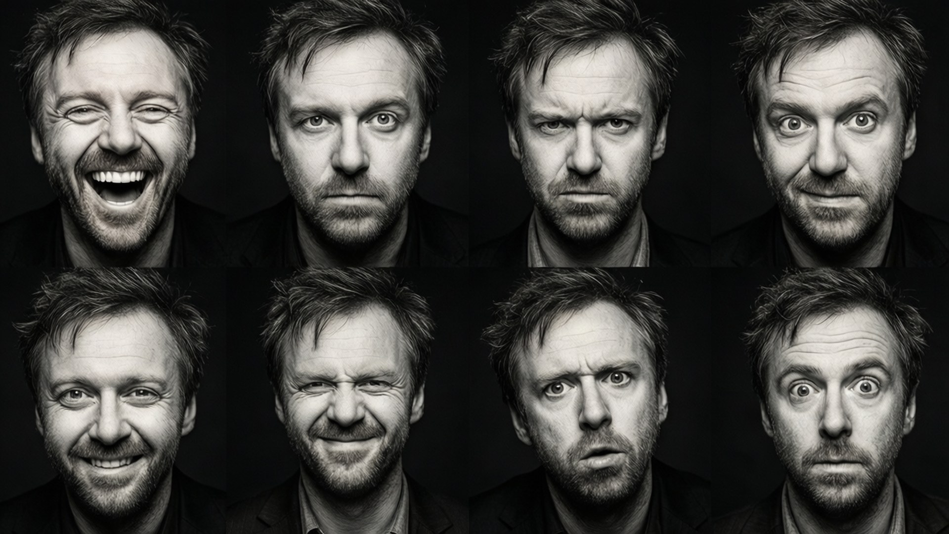 ricky gervais 桌布 壁紙 — 一個黑白肖像網格，展示了一個男人八張表情豐富的臉孔，帶有各種強烈的情緒。