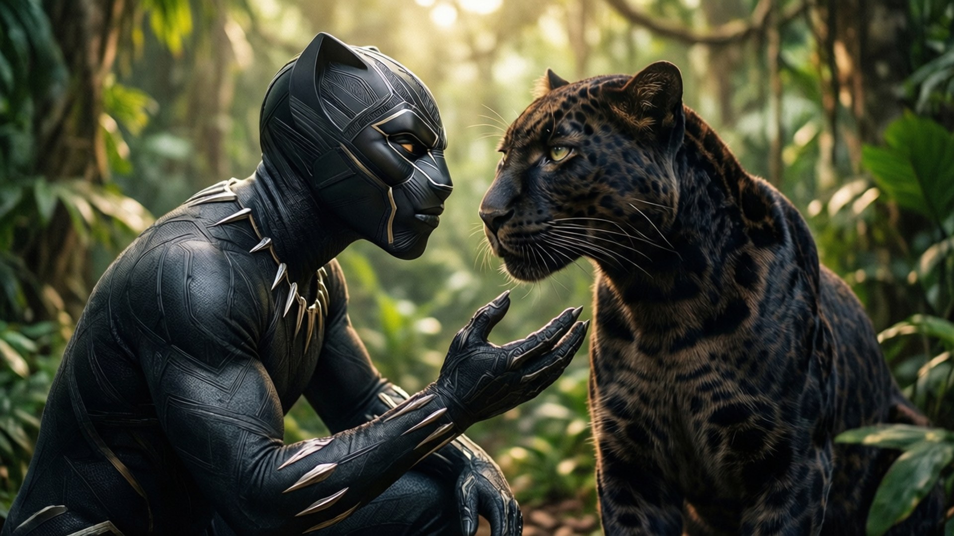 Bond of the Panthers 壁紙 — 黑豹跪在陽光明媚的叢林中，輕輕地伸向一隻擁有金色眼睛的雄偉黑豹。