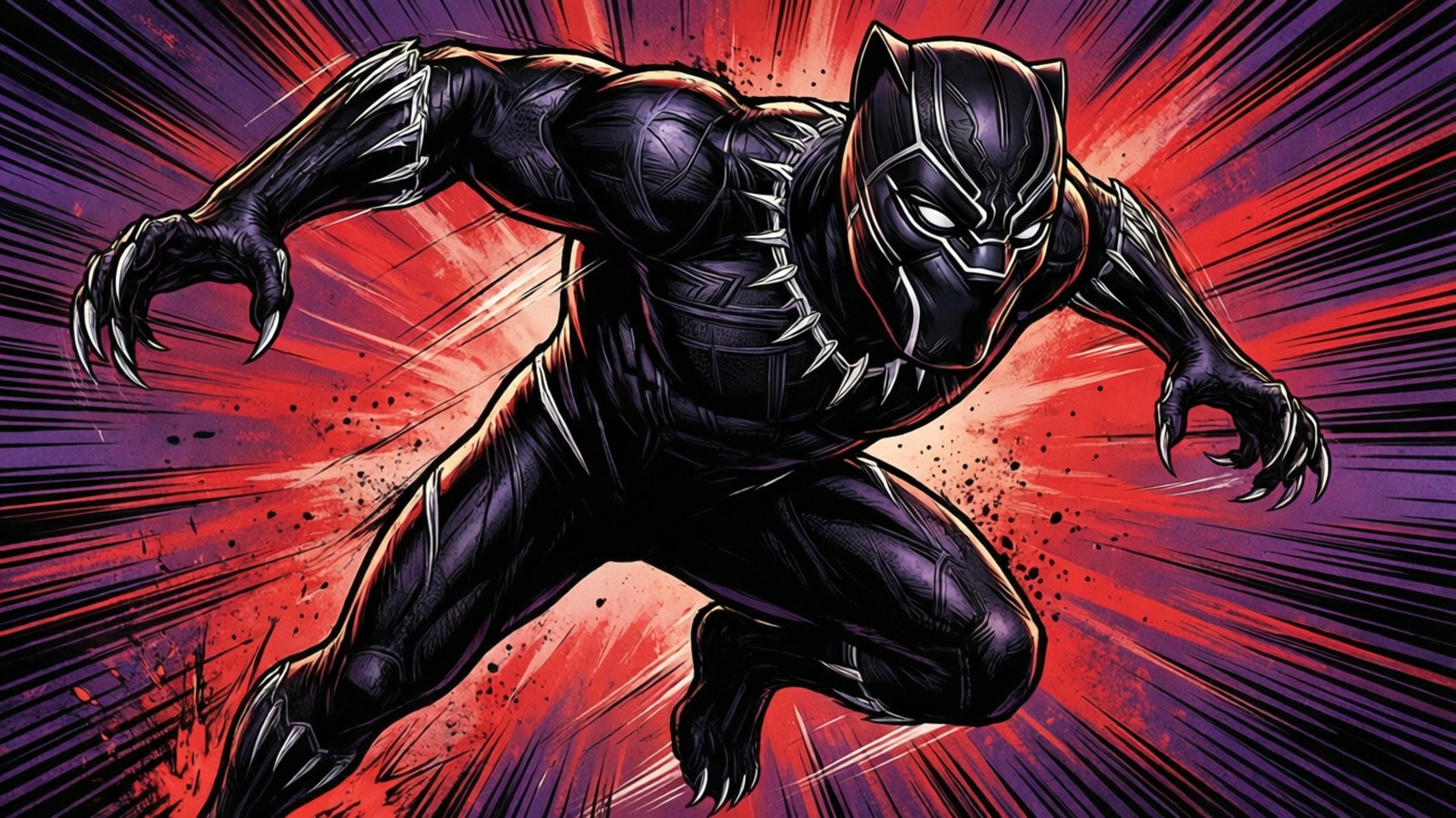 Black Panther Marvel 桌布 壁紙 — 黑豹以動感超級英雄姿勢，襯托充滿活力的紅色和紫色爆炸背景。