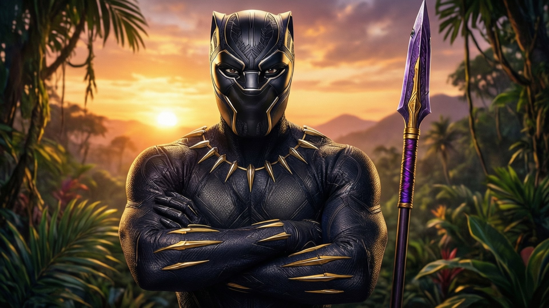 Black Panther Wakandan Sunset 壁紙 — 黑豹在日落時分自信地站在茂密的叢林中，雙臂交叉，旁邊放著一支長矛。
