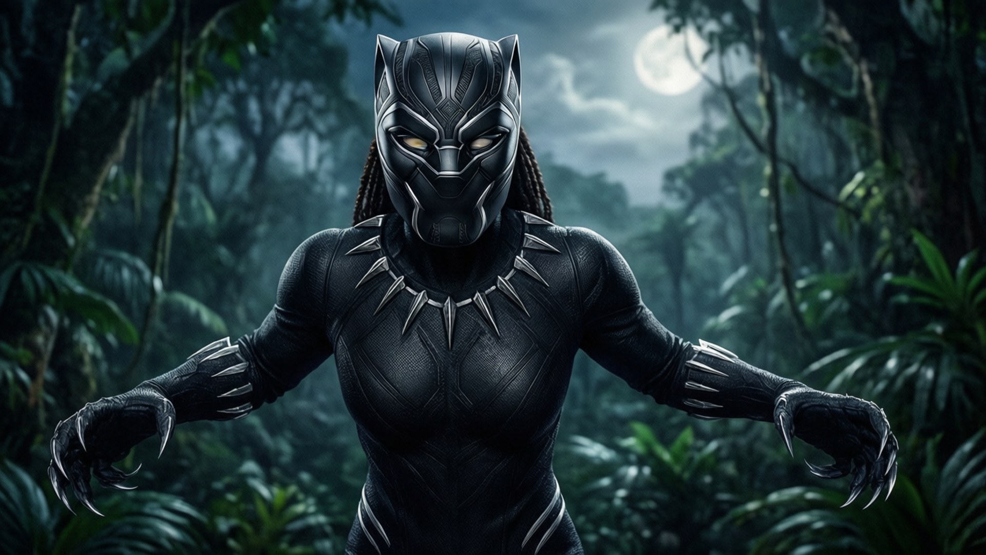 Shuri Black Panther Suit 壁紙 — 黑豹在月光下的叢林中蓄勢待發，發光的眼睛和伸出的爪子對著霧氣瀰漫的樹葉。